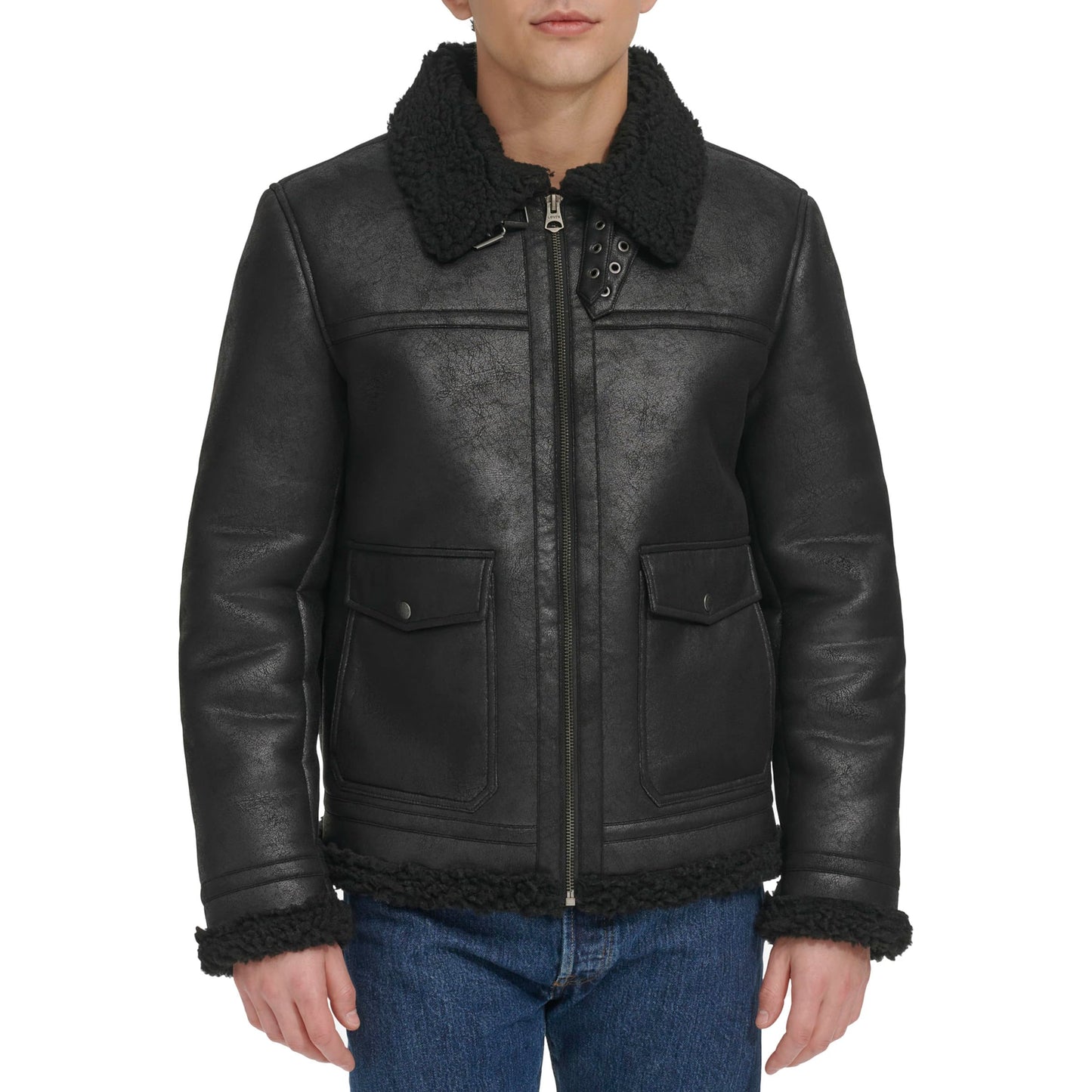 Levi's Men's Faux Shearling Rancher Aviator Jacket, Black Solid, Large