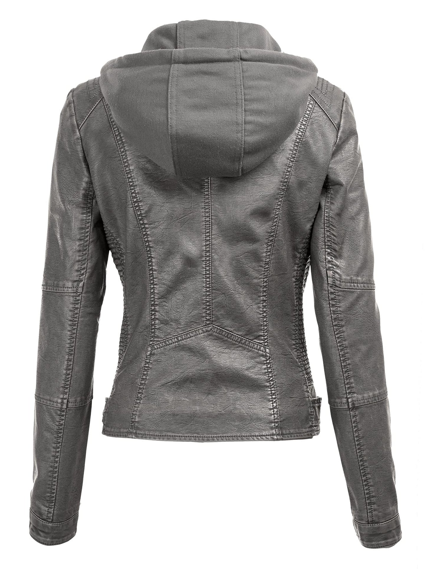 Lock and Love LL WJC1044 Womens Faux Leather Quilted Motorcycle Jacket with Hoodie Medium Grey