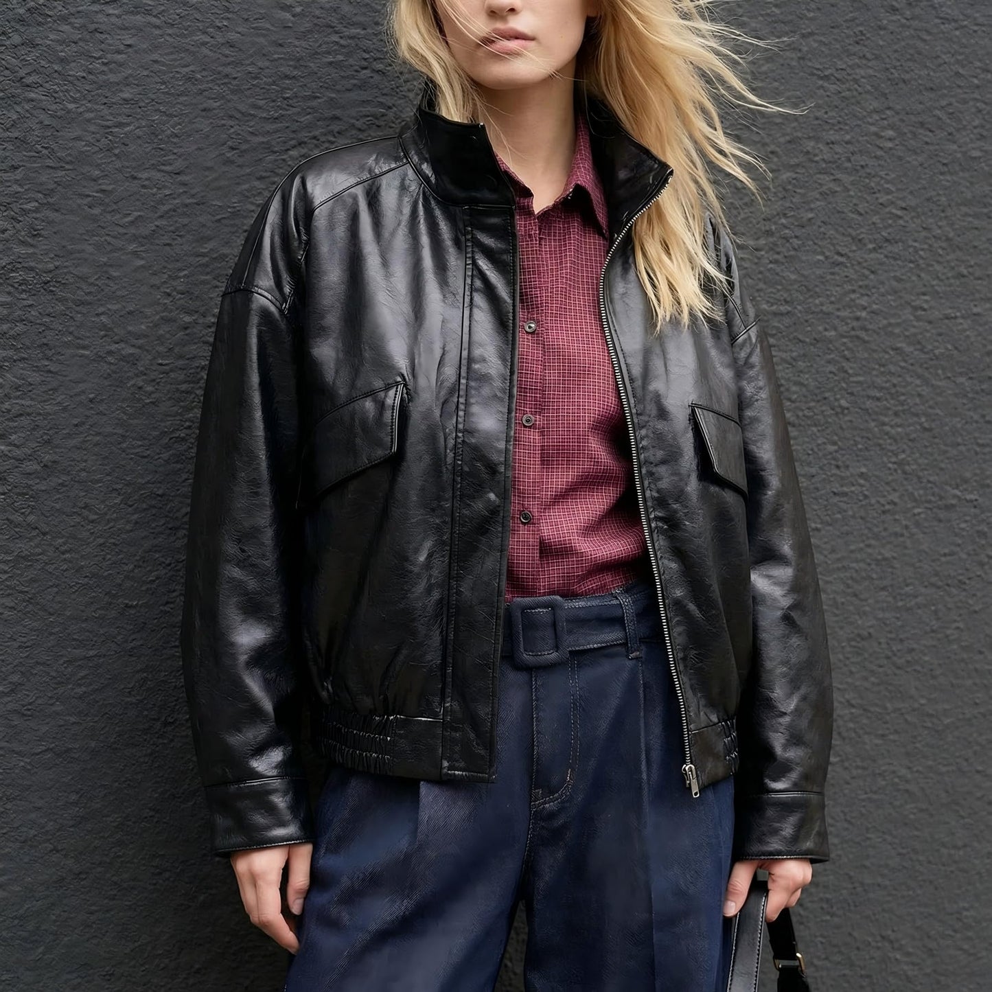 VKXJA Women’s Casual PU Leather Bomber Jacket, Soft Lined Zip-Up Outerwear with Functional Pockets, Trendy Street Style for Fall Winter (US, Alpha, Large, Large, Regular, Regular, Black)