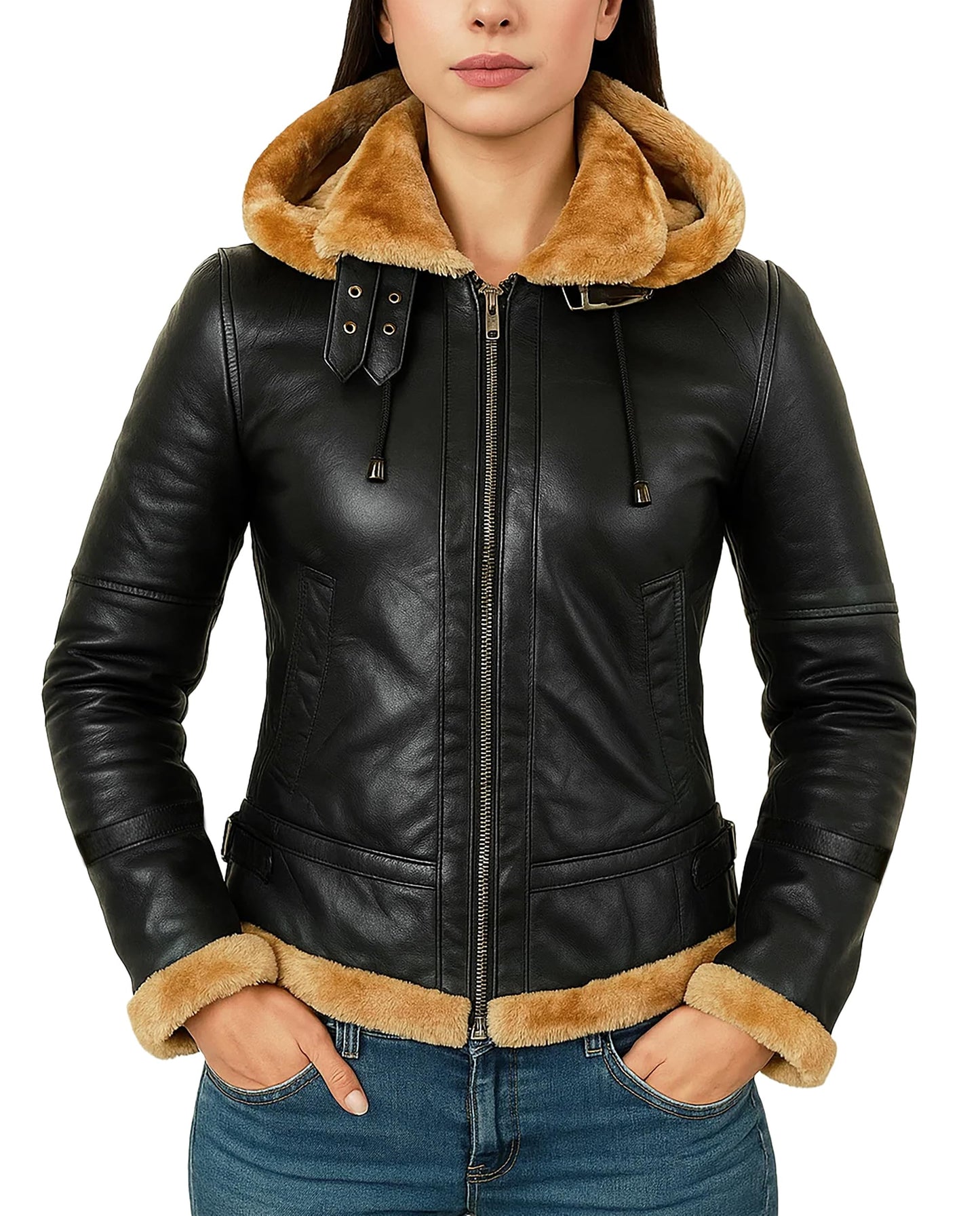 LP-FACON Womens B3 Brown Shearling Bomber Jacket - Winter Aviator Pilot Sheepskin Black Leather Jacket Removable Hoodie