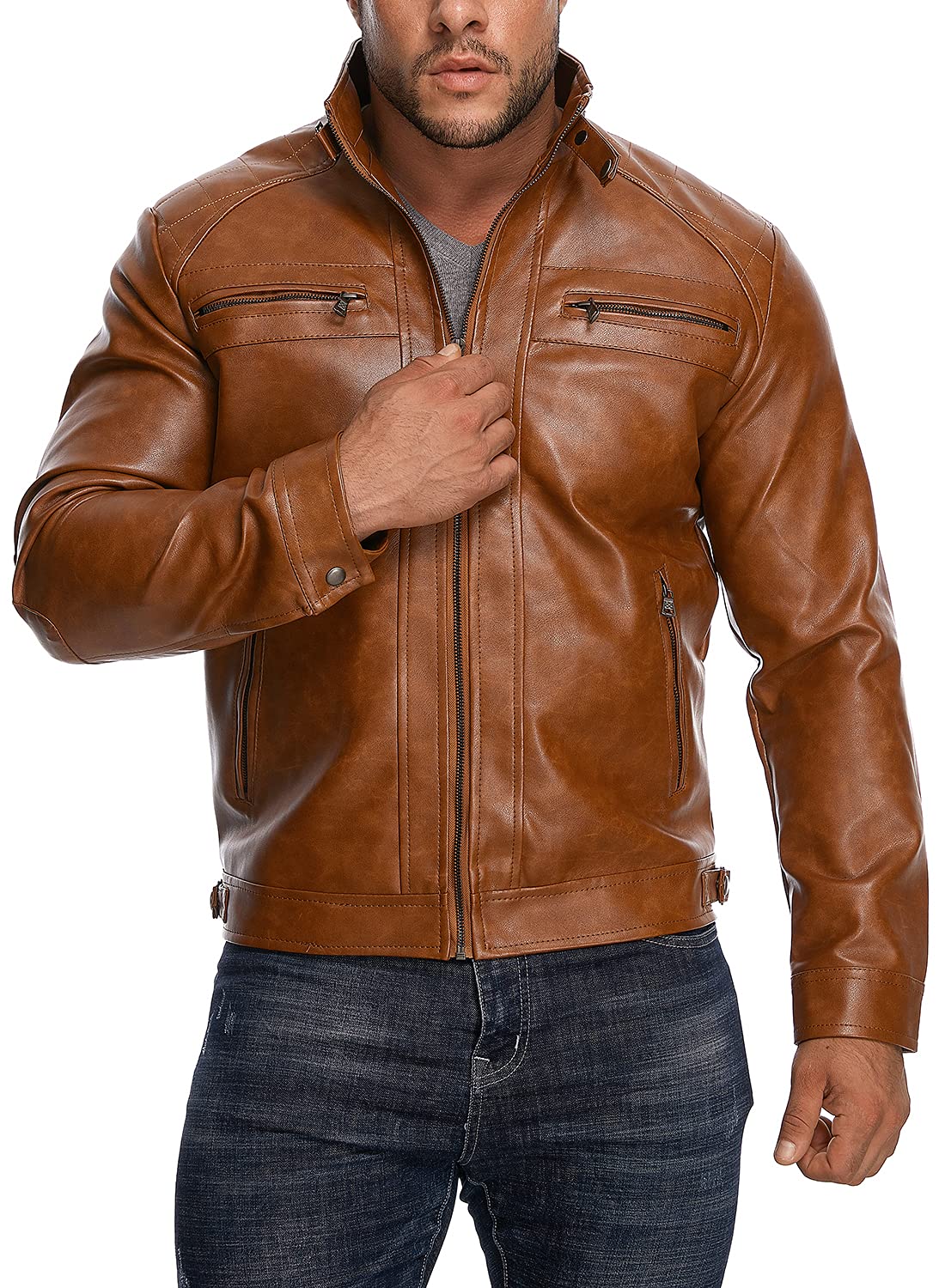 HOOD CREW Men’s Stand Collar Leather Jacket Casual Faux Leather Motorcycle Jacket Outerwear Coat with Zipper Pockets Brown 4XL