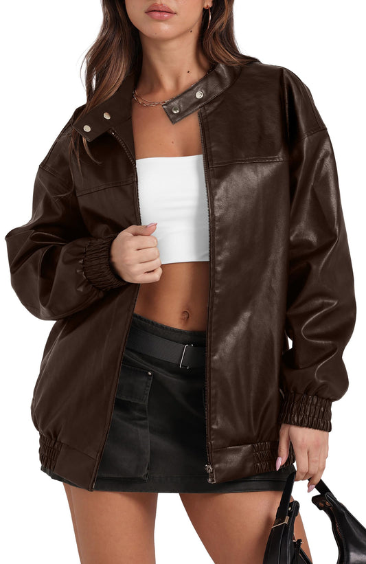 Sampeel Leather Jacket Women Faux Oversized Motorcycle Bomber Coats 2025 Fall Fashion Outfits Winter Clothes Trendy Cute Dark Brown M
