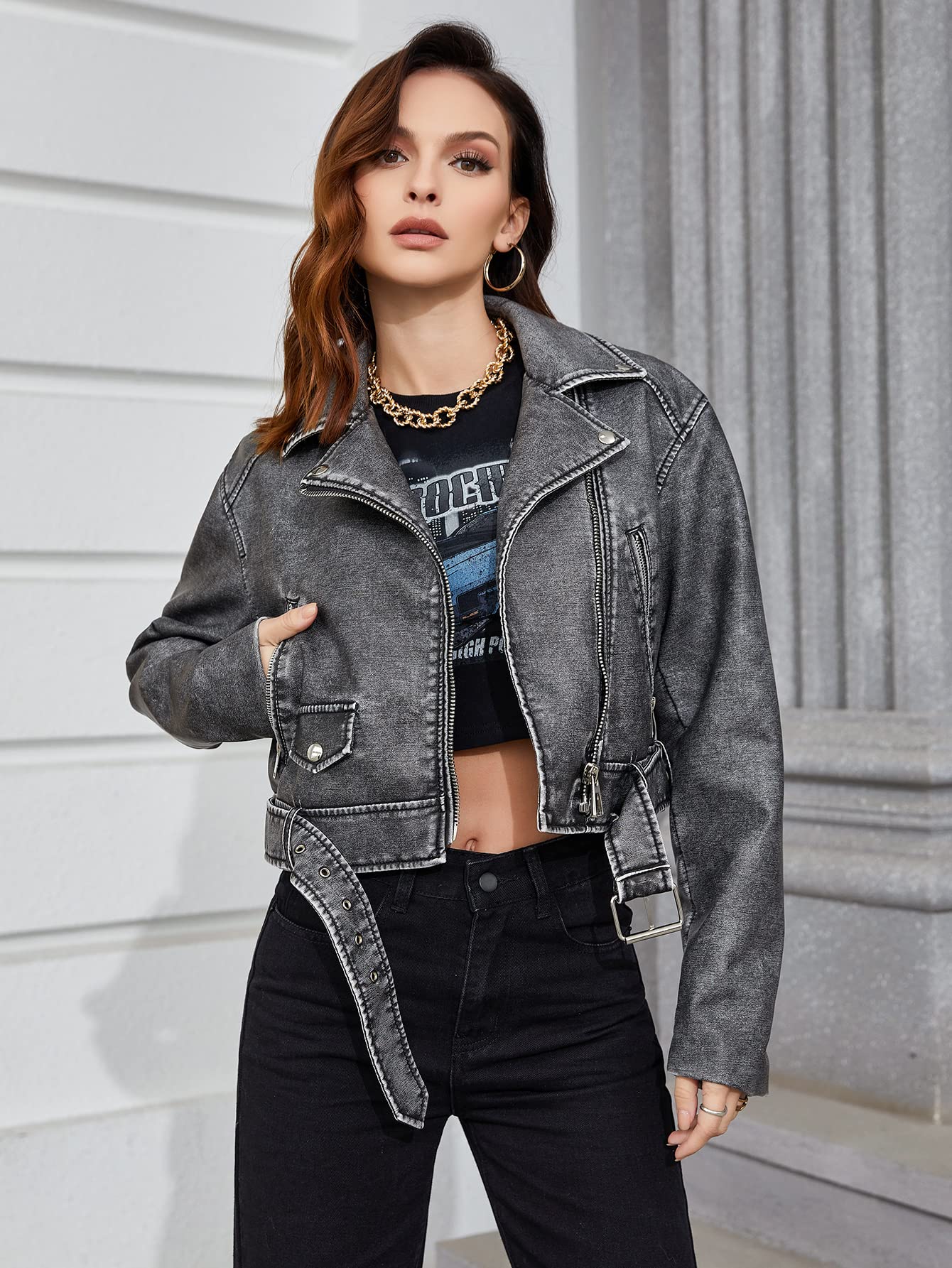 LY VAREY LIN Women Faux Leather Cropped Jacket Lapel Zipper Biker Short Coat with Belt