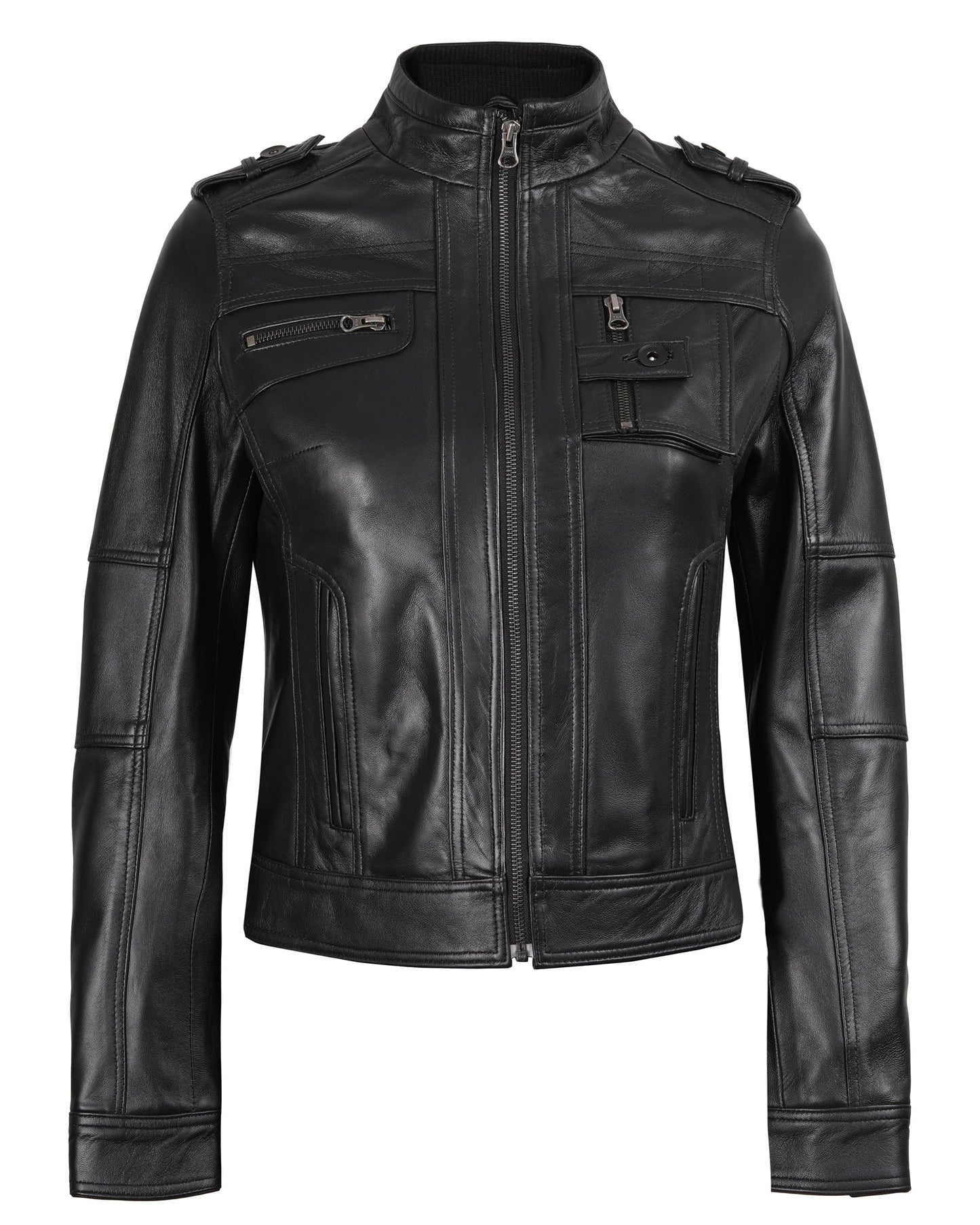 Blingsoul Cafe Racer Womens Black Leather Jacket | [1314244] Tavares Black, L
