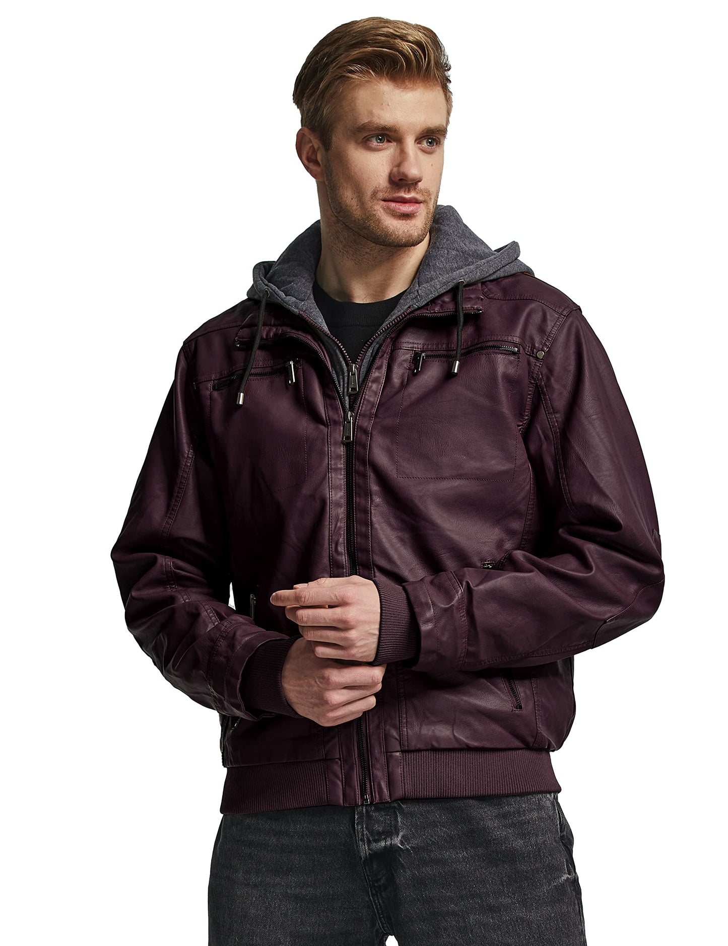 wantdo Men's Light Faux Leather Jacket Hooded Motorcycle Jacket Wine Red Large(Thick)