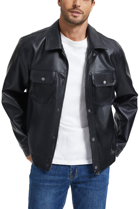 Fahsyee Leather Jackets for Men, Faux Motorcycle Lapel Jacket with Hood Mens Bomber Vintage Coats with Pockets Size M, Black