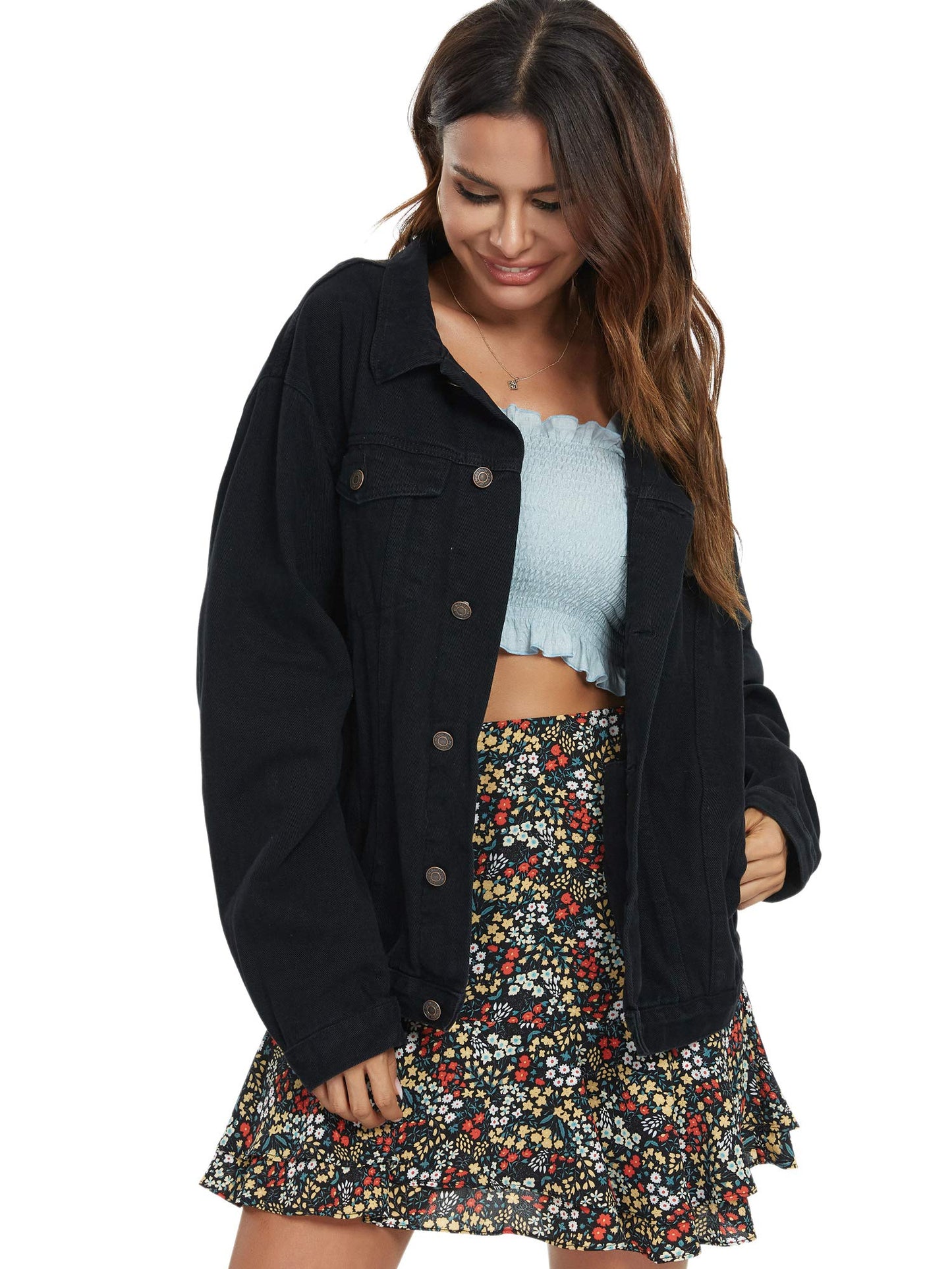 Just Quella Jean Jacket Women Black Oversized Denim Jacket (L, Black)