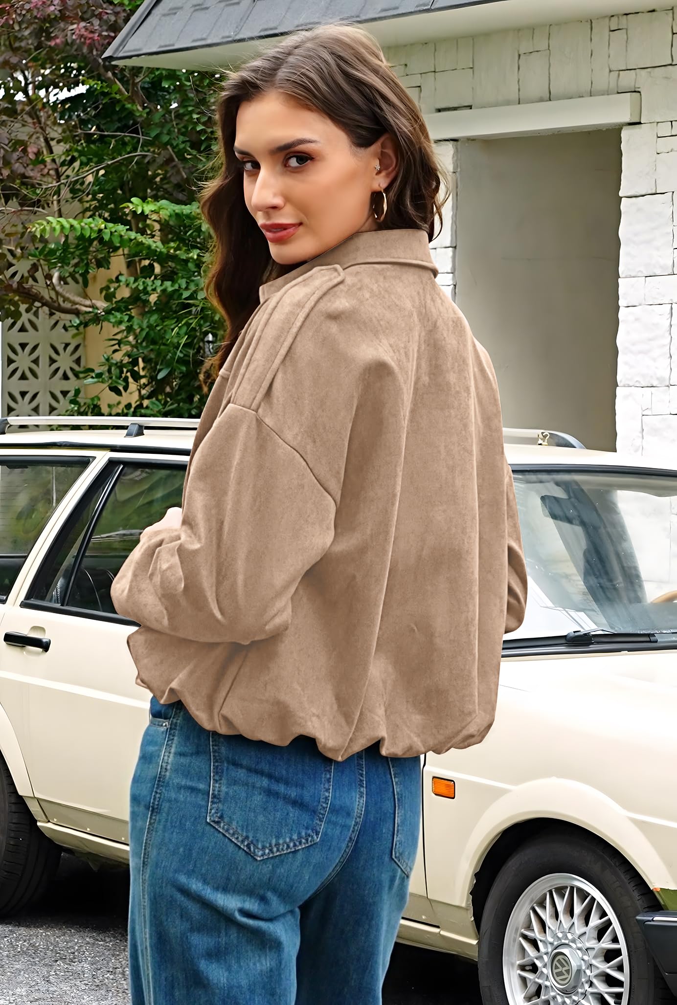 kipfall Womens Faux Suede Jackets Fall Fashion Outfits Coat Winter Clothes Open Front Cropped Jacket