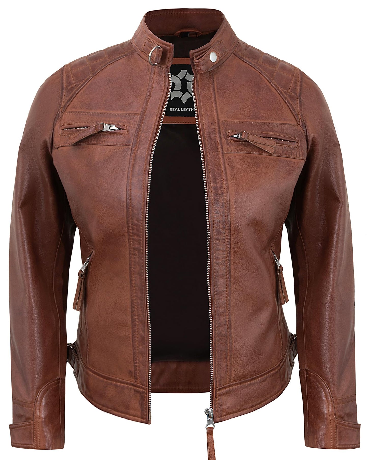 UrbanFocal Quilted Womens Leather Jacket Brown | [101003703] D1 Cgnc, M