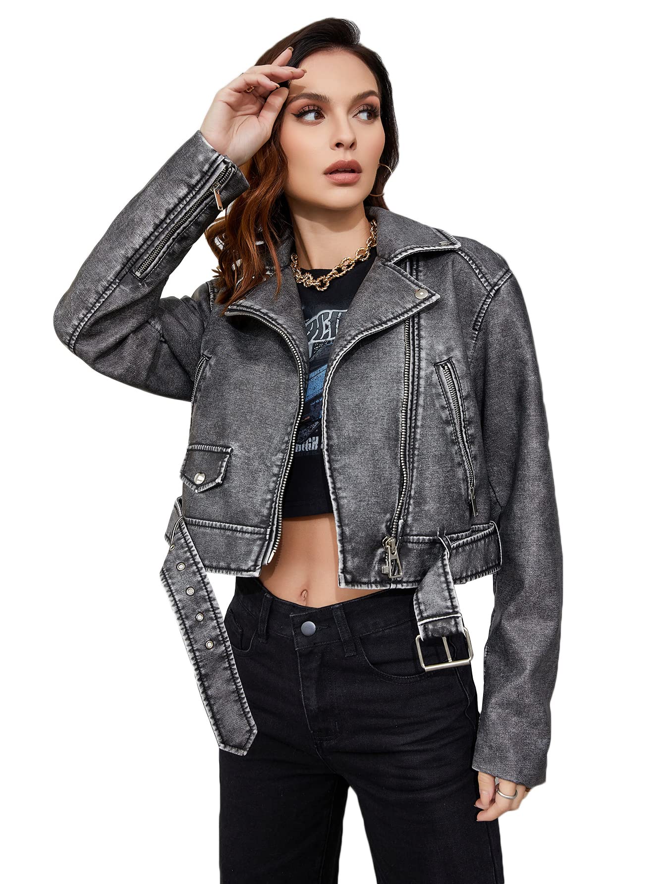 LY VAREY LIN Women Faux Leather Cropped Jacket Zipper Buckle Belted Long Sleeve Vintage Motorcycle Outwear(L2311 Black Grey M)