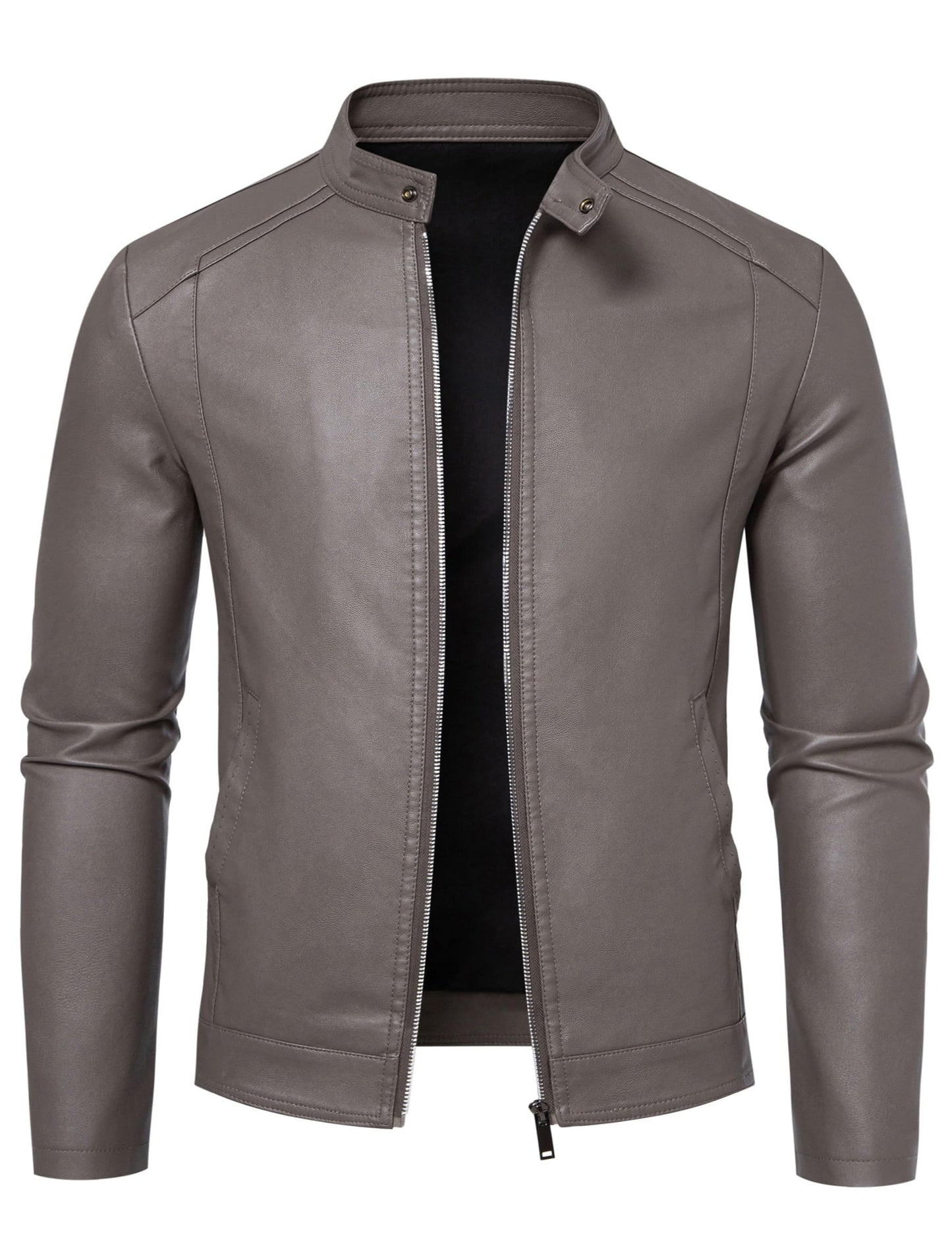 Grey Leather Jacket Men Faux Leather Motorcycle Stand Collar Biker Coat L
