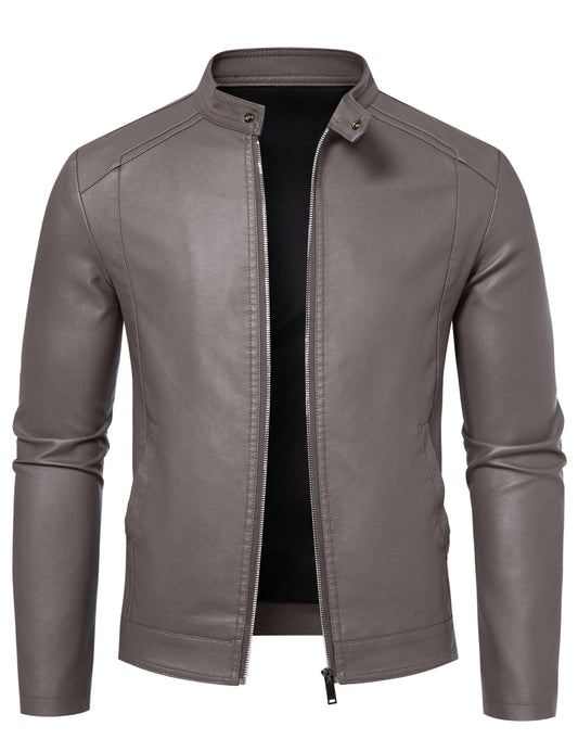 Grey Leather Jacket Men Faux Leather Motorcycle Stand Collar Biker Coat L