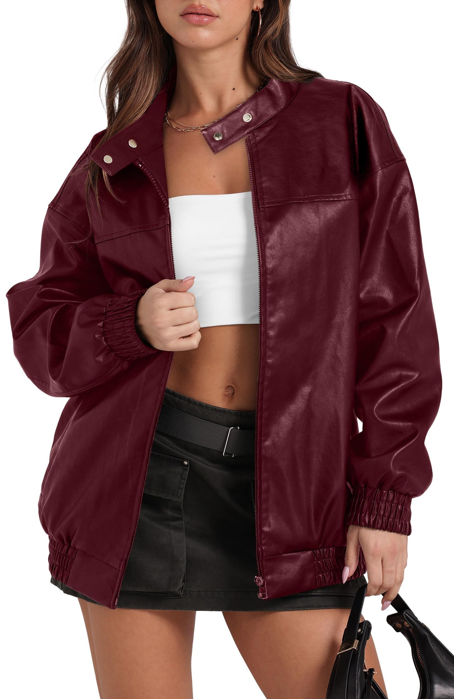 Sampeel Leather Jacket Women Faux Oversized Motorcycle Bomber Coats 2025 Fall Fashion Outfits Winter Clothes Trendy Cute Red M