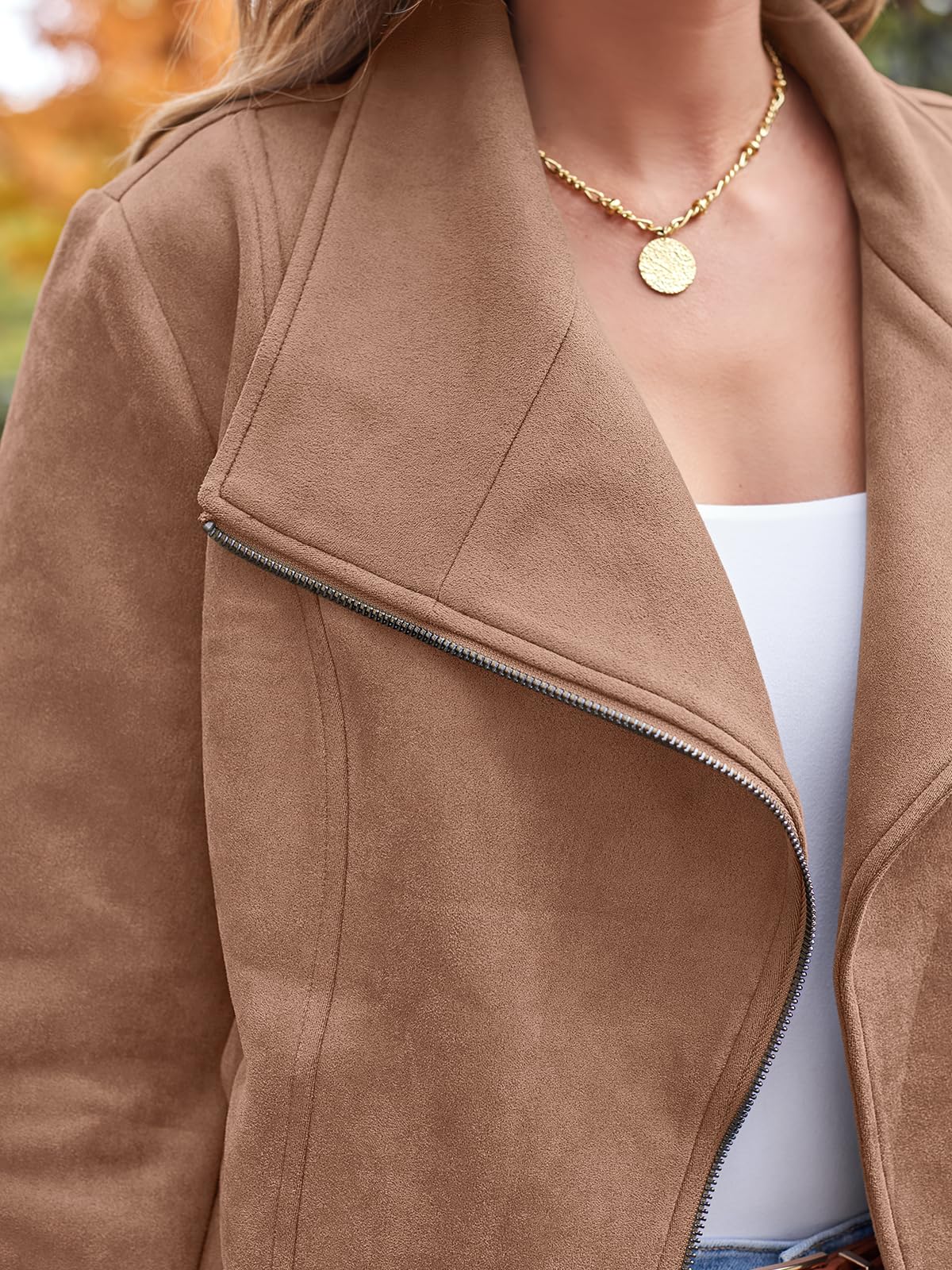 AUTOMET Women's Faux Suede Leather Jacket Cropped Open Front Cardigan Buttery Soft Lightweight Fall Coat Camel S