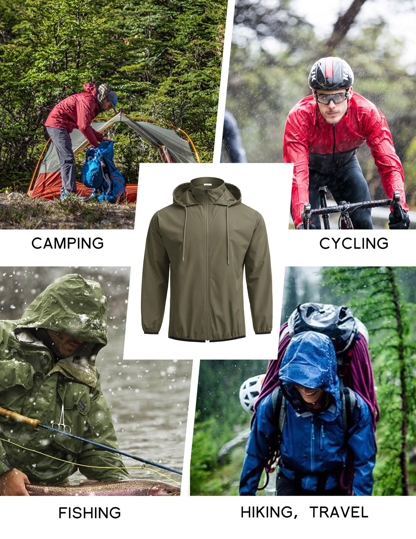 COOFANDY Mens Packable Rain Jacket Lightweight Breathable Raincoat Polyester Waterproof Windbreaker Jacket Army Green Large