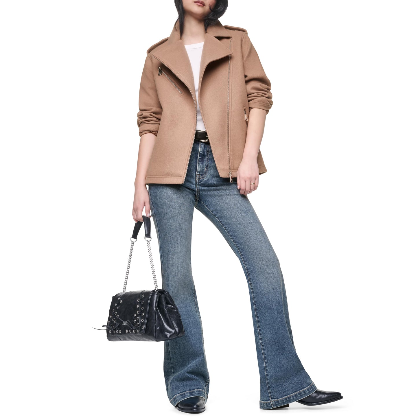 DKNY Women's Assymetrical Zip Front Moto Jacket, Woodsmoke, Medium