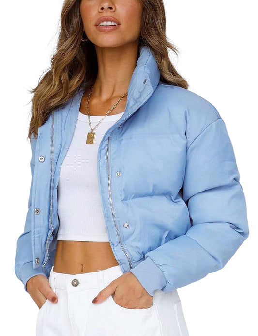UANEO Womens Cropped Puffer Jacket Stand Collar Zip Up Winter Padded Down Coats (Blue, Medium)