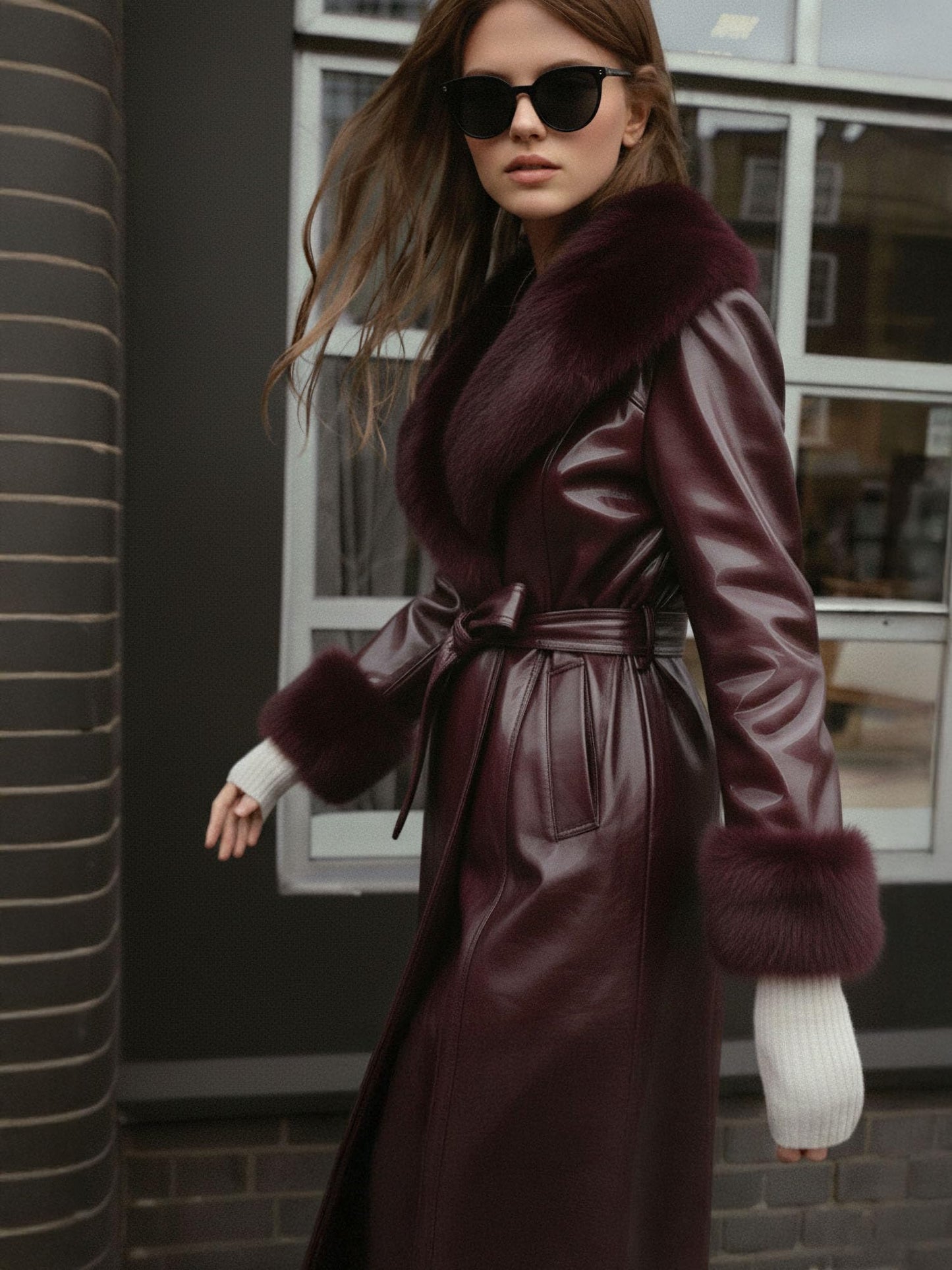 SS-Sunrise Fashion Women's Wine Red Faux Leather Coat with Faux Fur Collar, Long Sleeve Warm Winter Furry Trim Parka Coat with Belt (Small)