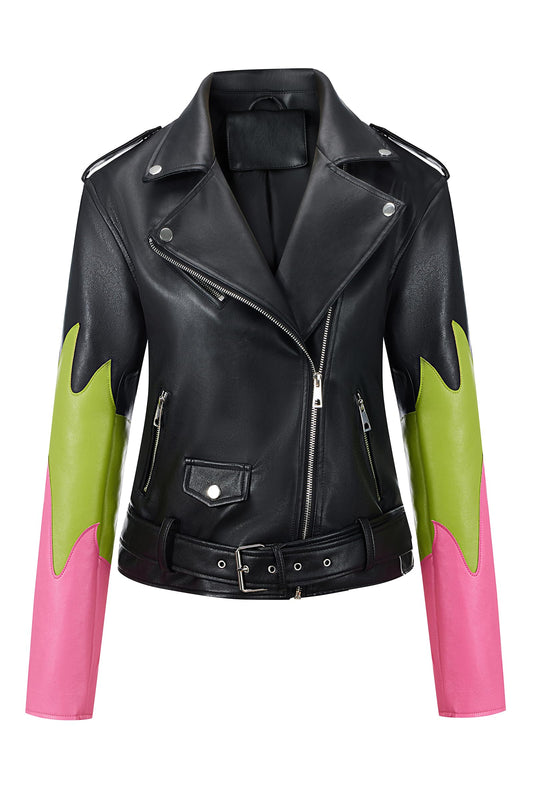 Bellivera Women's Faux Leather Color-Block Moto Zip Jacket Black M