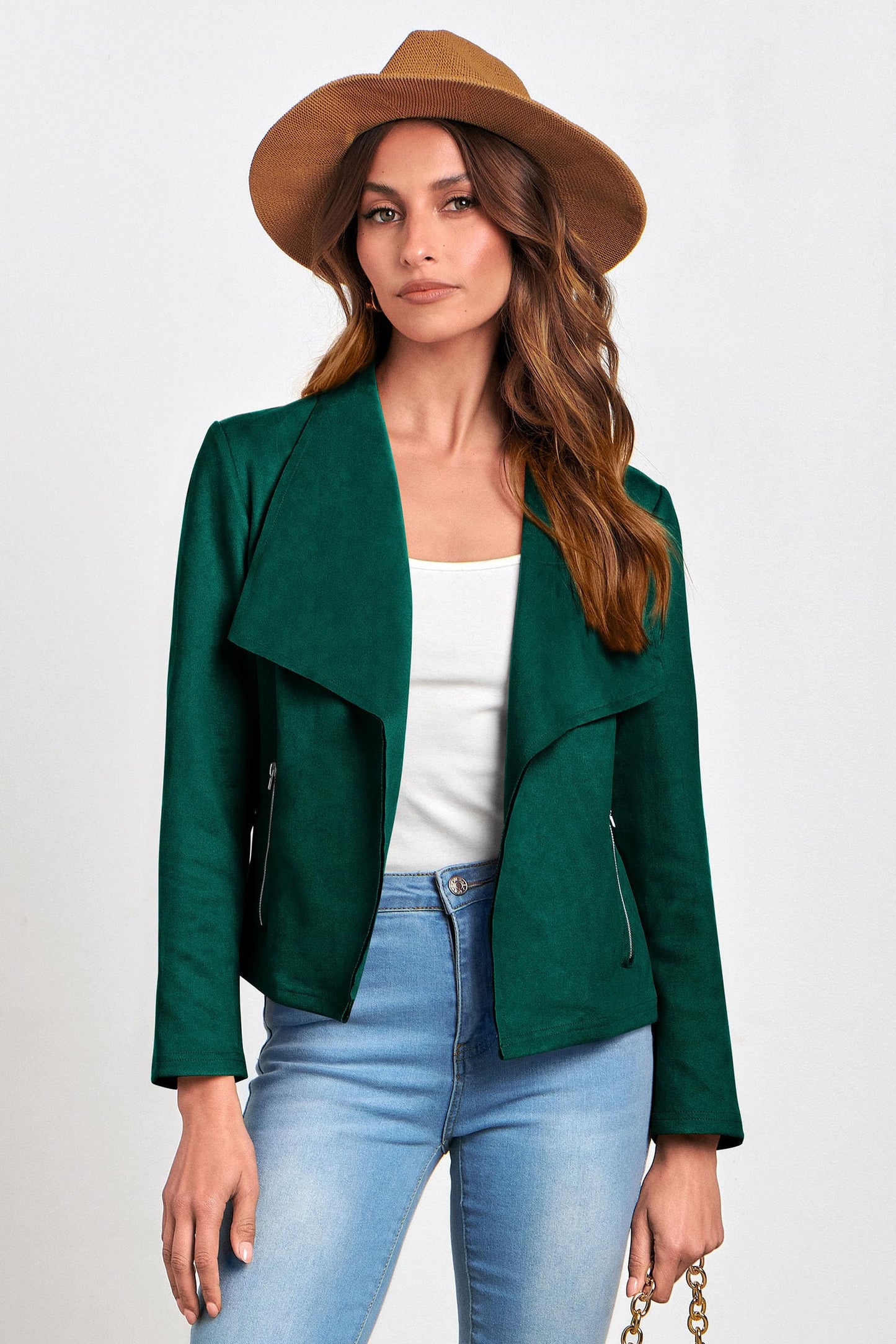 PRETTYGARDEN Women's Faux Suede Jackets 2026 Fashion Fall Clothes Long Sleeve Open Front Cropped Coat Outwear (Dark Green,Large)