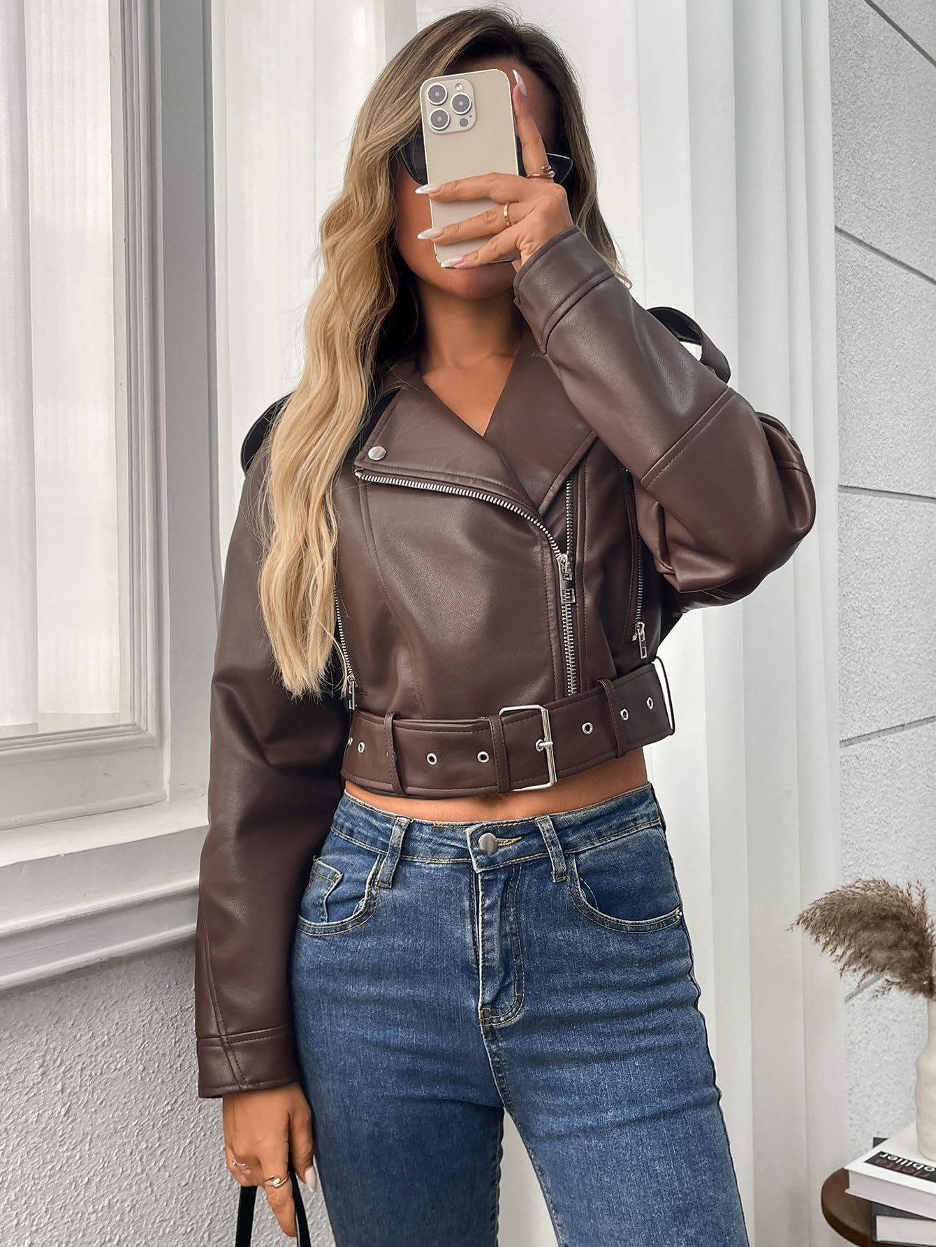 LY VAREY LIN Women Faux Leather Cropped Jacket Vegan Motor Biker Coat with Belt