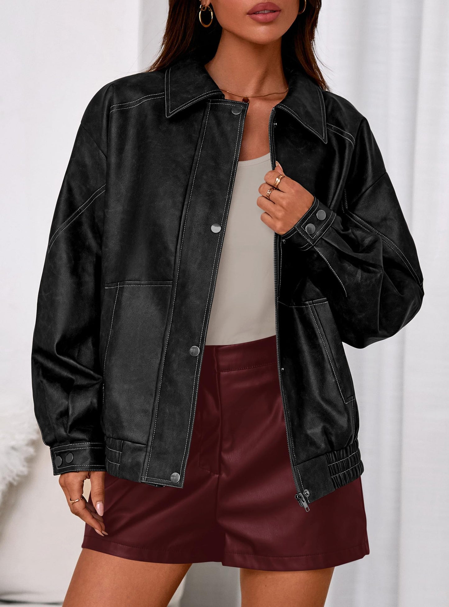 PRETTYGARDEN Faux Leather Jacket Women Bomber Motorcycle Zip Up Jackets Oversized Fall Fashion Outfits 2026 Winter Coats (Black,Medium)