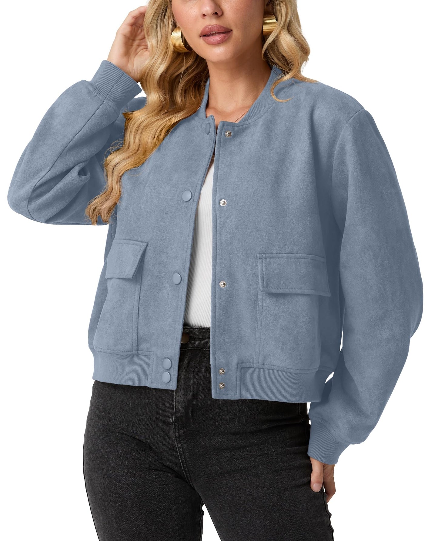 GRECERELLE Womens Bomber Jacket Cropped Button Down Varsity Jacket Long Sleeve Casual Outwear With Pockets (Denim Blue, Medium)
