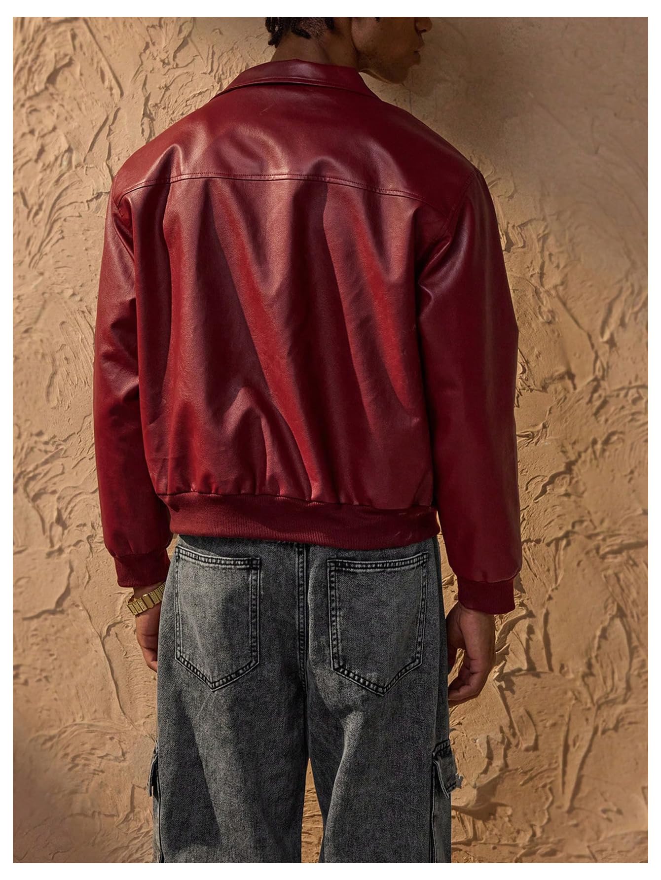 BEAUDRM Men's Vintange PU Leather Jackets Retro Zip Up Collared Motorcycle Outwear Streetwear Fight Club Leather Jacket Red Small