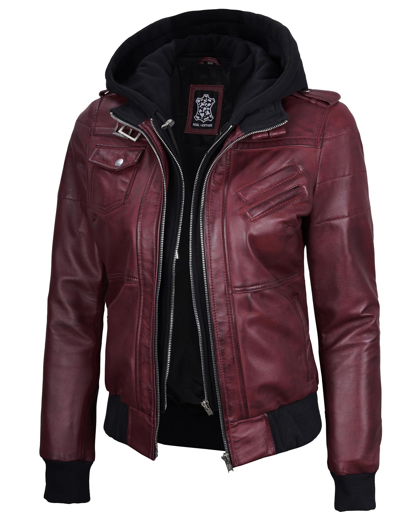 Decrum Leather Jacket with Hood - Women's Bomber Jacket | [1326995] Edinburgh Burgundy, XL