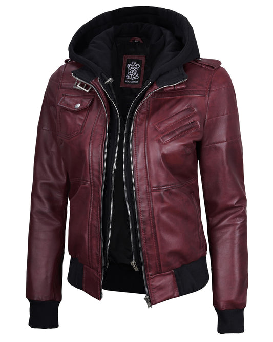 Decrum Leather Jacket with Hood - Women's Bomber Jacket | [1326995] Edinburgh Burgundy, XL