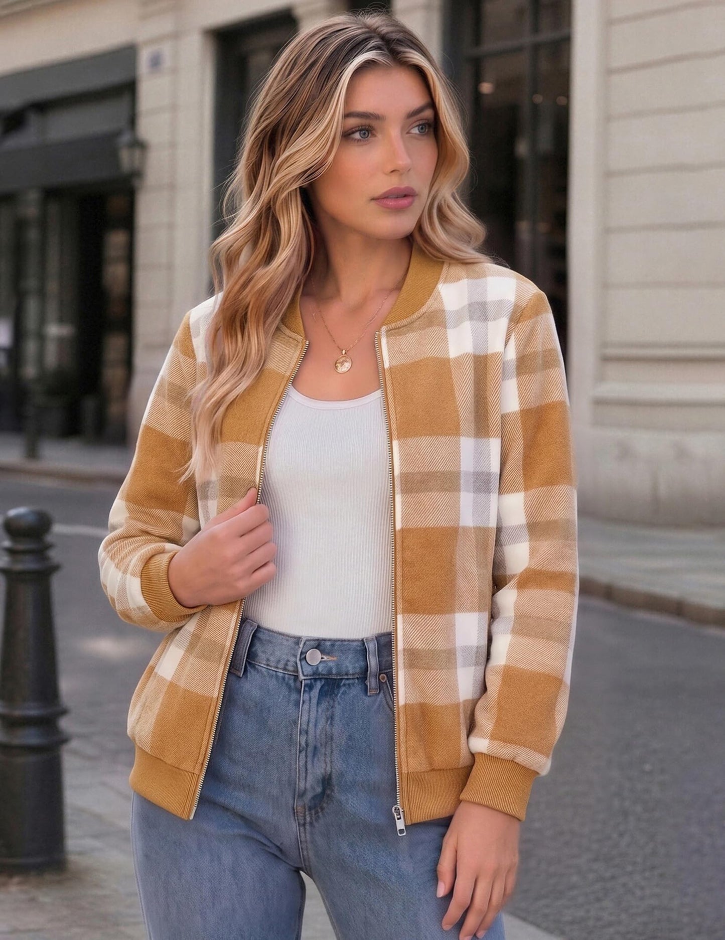 Zeagoo Jackets for Women Plaid Flannel Bomber Jacket Fall Lightweight Coats
