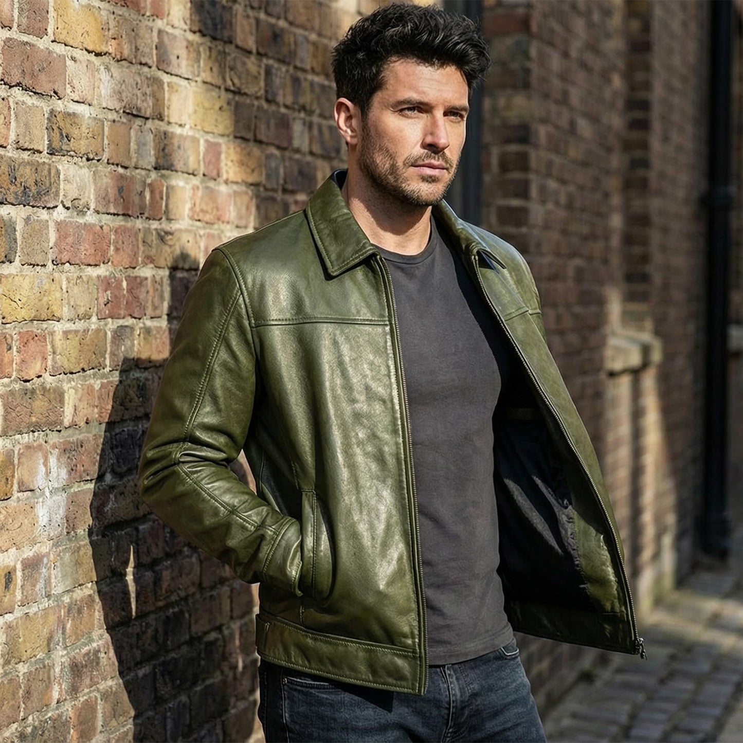Mens Leather Jacket - Real Lambskin Classic Vintage Style Leather Jackets For Men Brown Leather Jacket for Mens (US, Alpha, X-Large, Regular, Regular, Noir Olive)