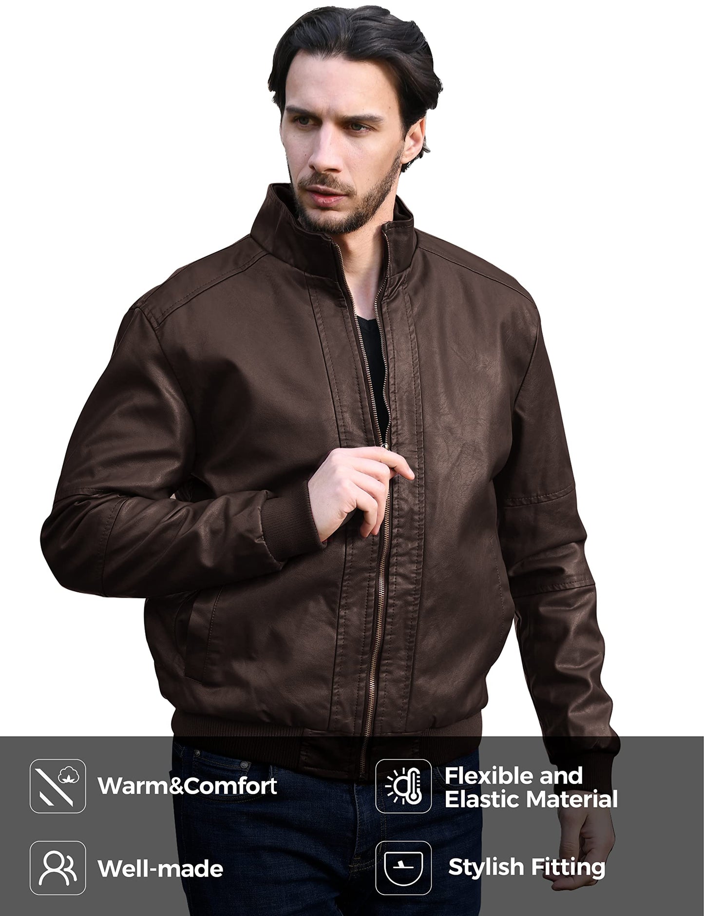 WenVen Men's Faux Leather Jacket Punk Motorcycle Slim Fit Outerwear Brown XL