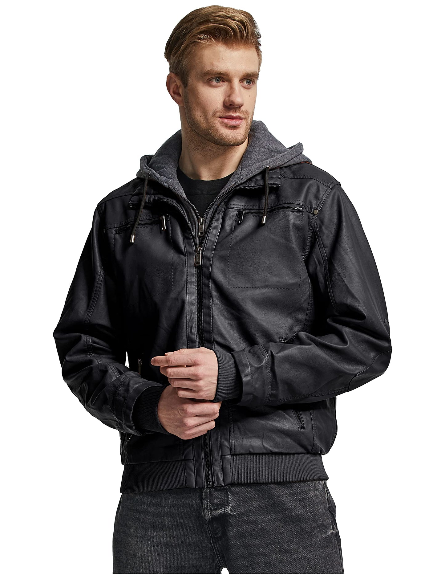 wantdo Men's Motorcycle Leather Jacket Hooded Biker Jacket XXXX-Large Black(Thick)