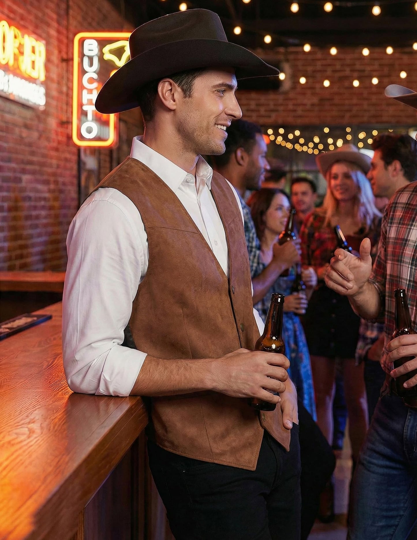 COOFANDY Men's Suede Leather Vest Casual Western Vest Jacket Slim Fit Cowboy Waistcoat (Medium, TypeA-Brown)
