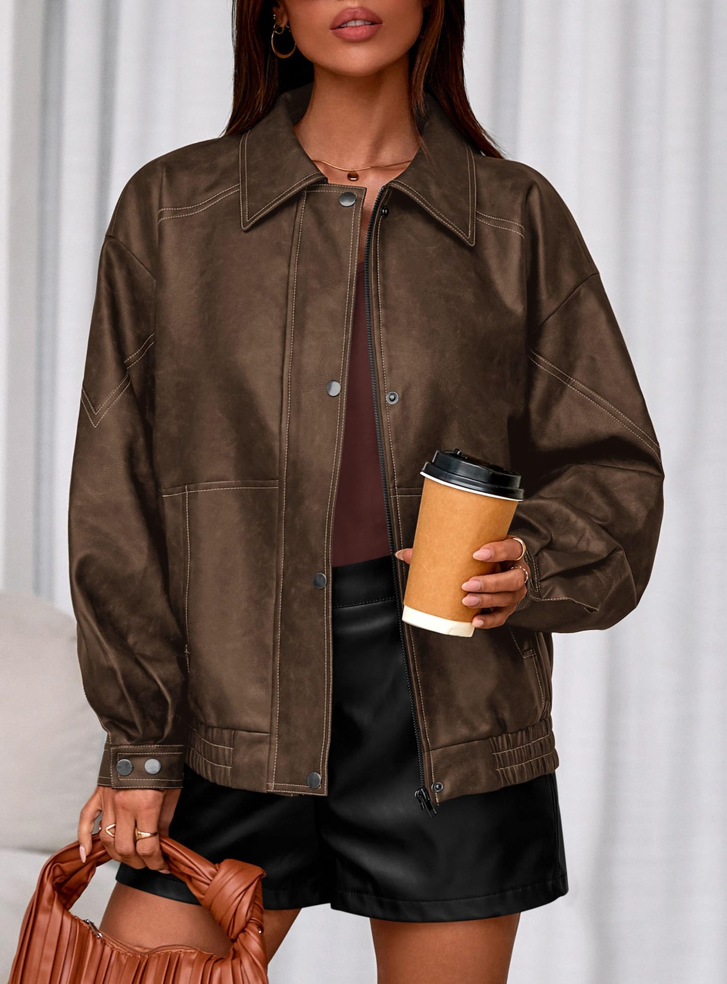 PRETTYGARDEN Faux Leather Jacket Women Bomber Motorcycle Zip Up Jackets Oversized Fall Fashion Outfits 2026 Winter Coats (Brown,Medium)