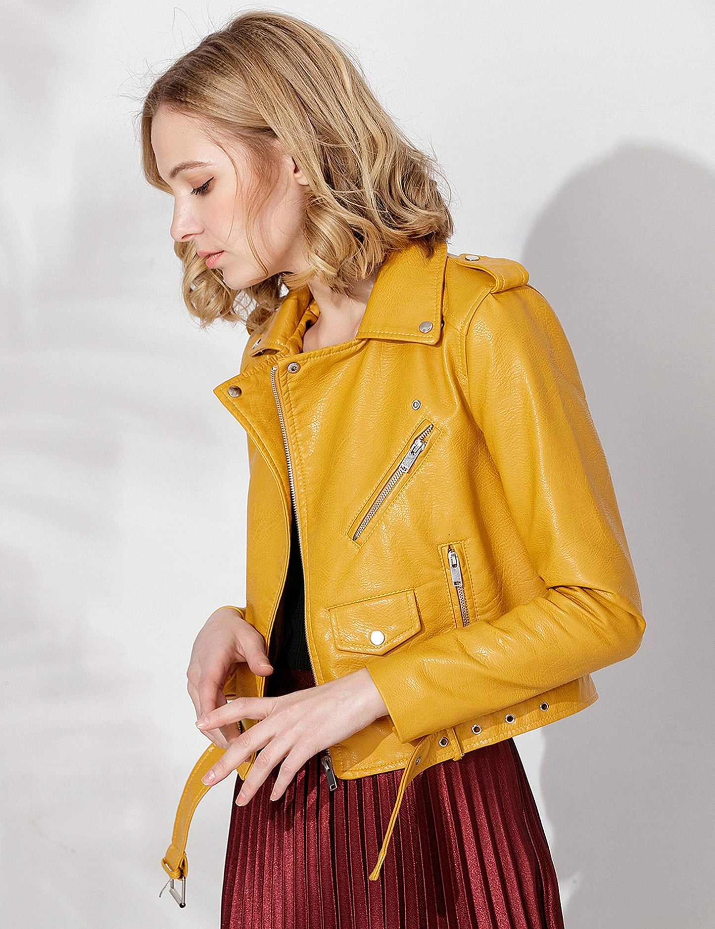 Jhichic Women's Faux Leather Textured Short Moto Jacket Zip-up Slim PU Biker Coat with Pockets (Yellow, XL)