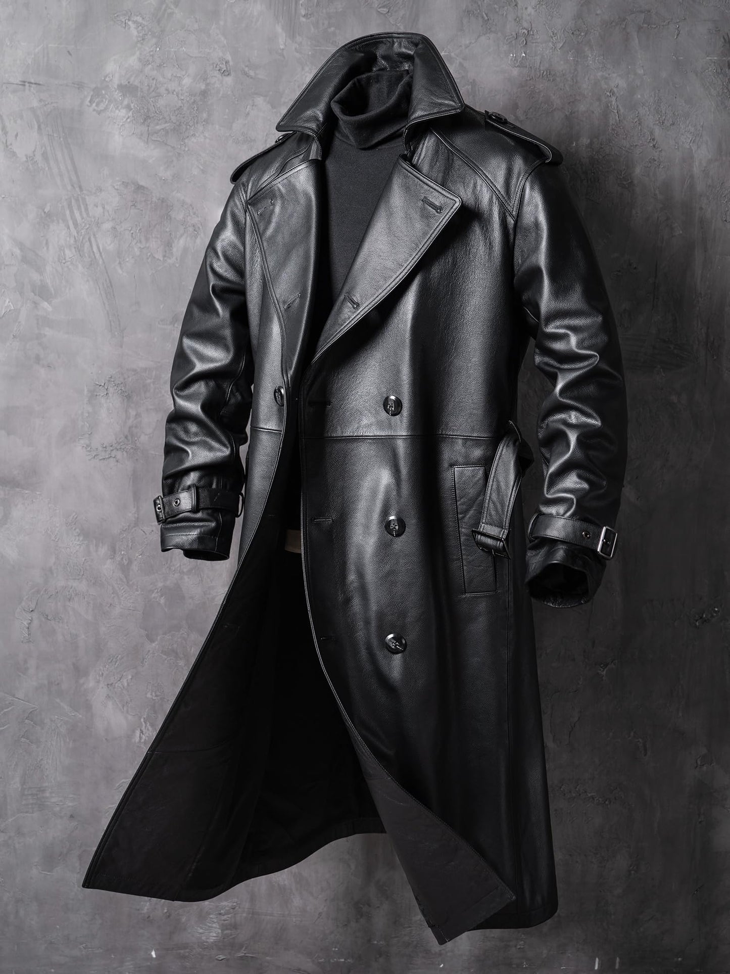 WPKDS Men's Genuine Leather Trench Coat, Mid-Length Double Breasted with Belt, Leather Overcoat Jacket (US, Alpha, XX-Large, Regular, Regular, Black)