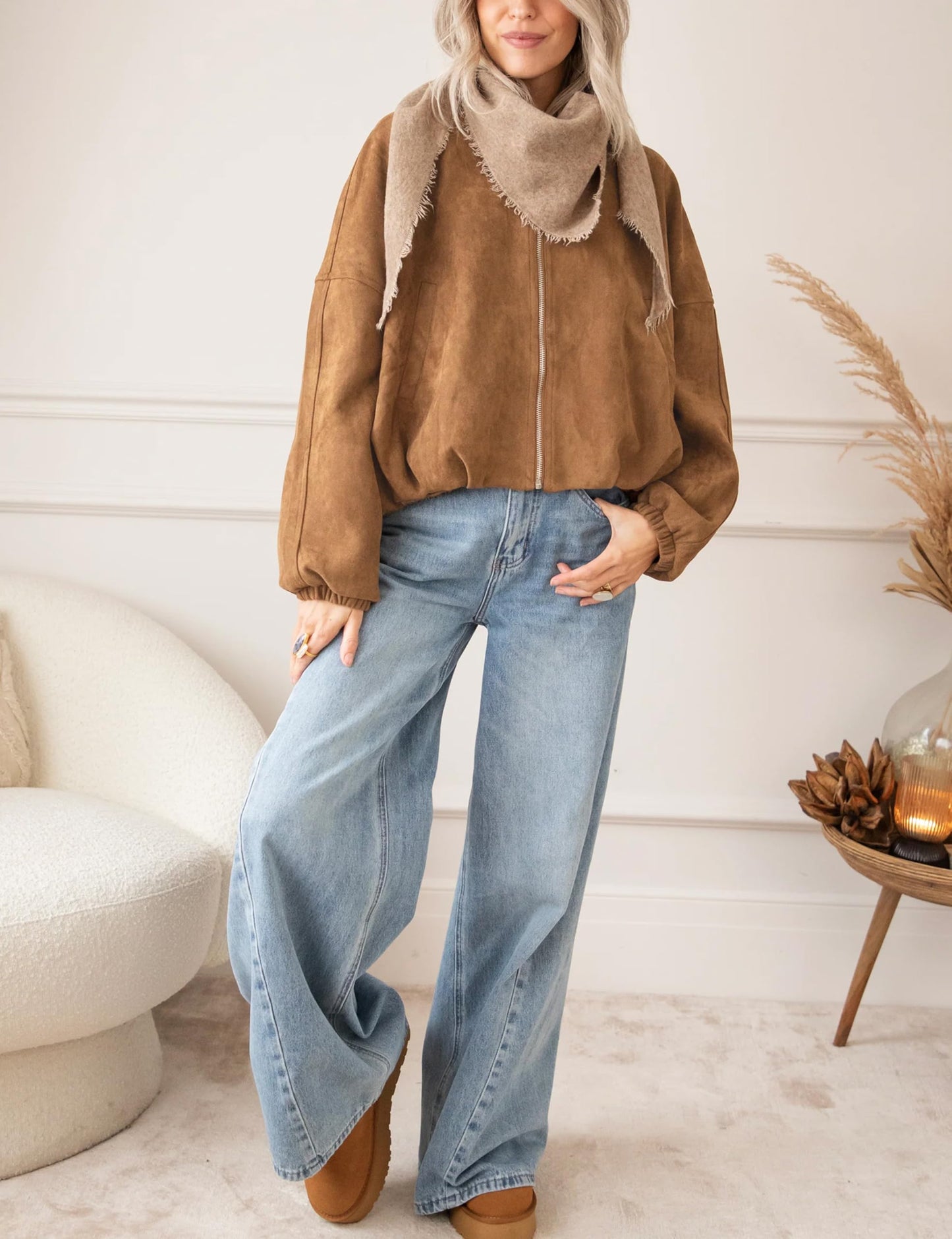 Tanming Womens Faux Suede Leather Jacket Casual Oversized Long Sleeve Zip Up Bomber Jackets Coats Outerwear(Brown-S)