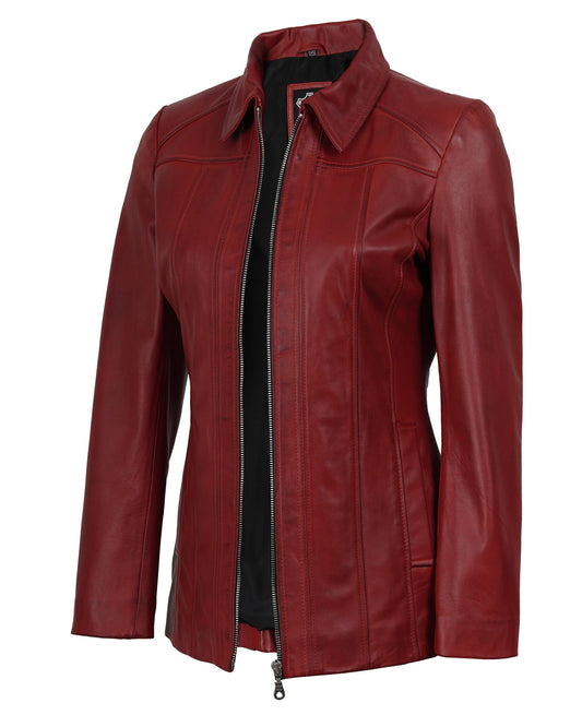 fjackets Real Lambskin Shirt Collar Style Women Leather Coat -Stylish Leather Jackets, Marsha Women's Jacket Red Wax| [1332066], 2XL
