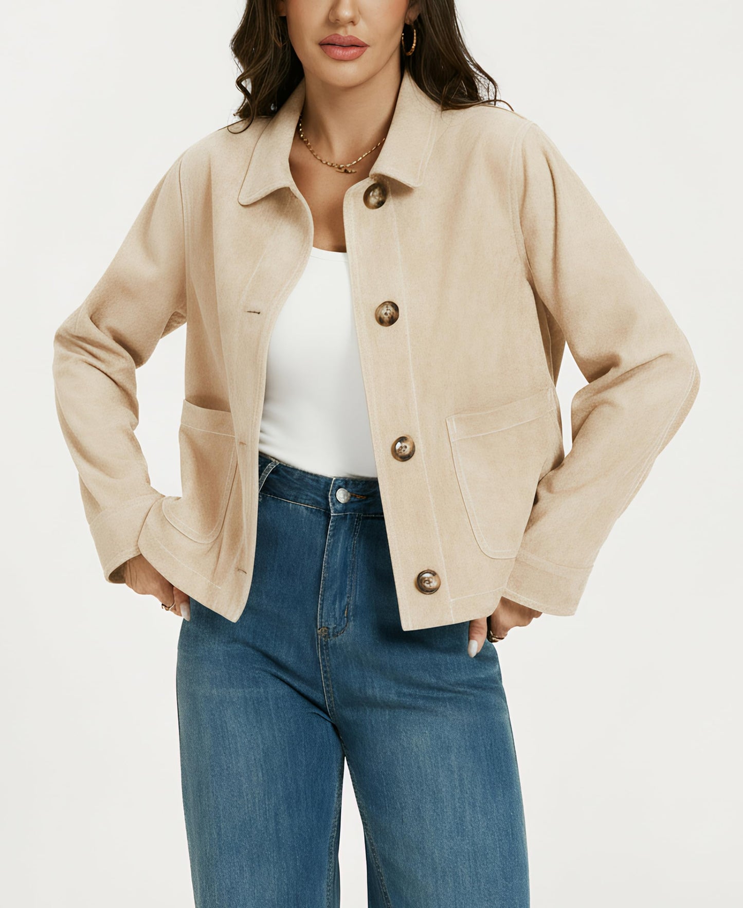 Ladyful Womens Faux Suede Bomber Jacket Cropped Dressy Fall Casual Button Down Leather Coat Outerwear