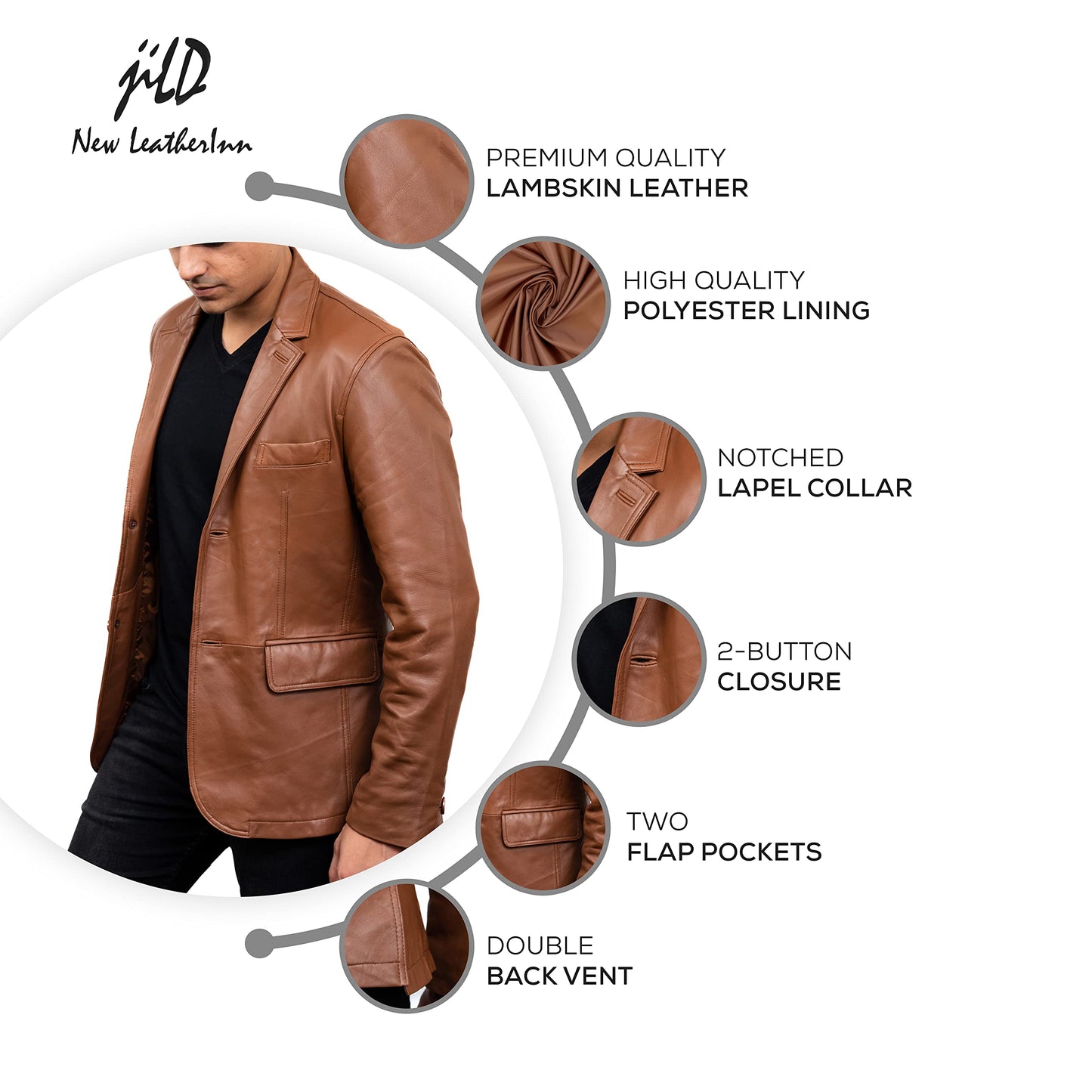 Jild Lambskin Leather Jacket Men Casual Coat – Notched Collar Classic Bond’s Style Ultimate Leather Blazer for Men (NC-Cog-M)