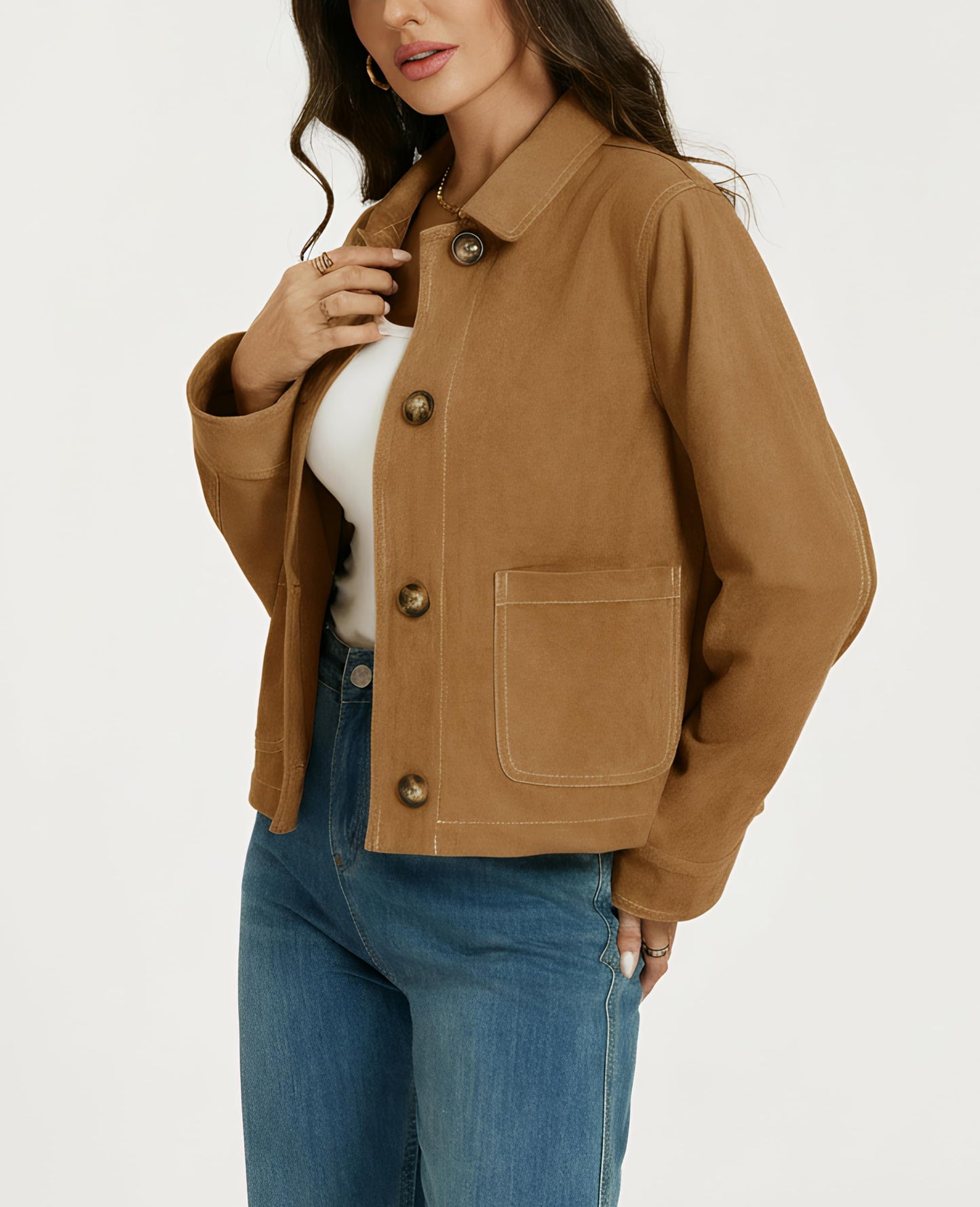 Ladyful Womens Faux Suede Bomber Jacket Cropped Dressy Fall Casual Button Down Leather Coat Outerwear