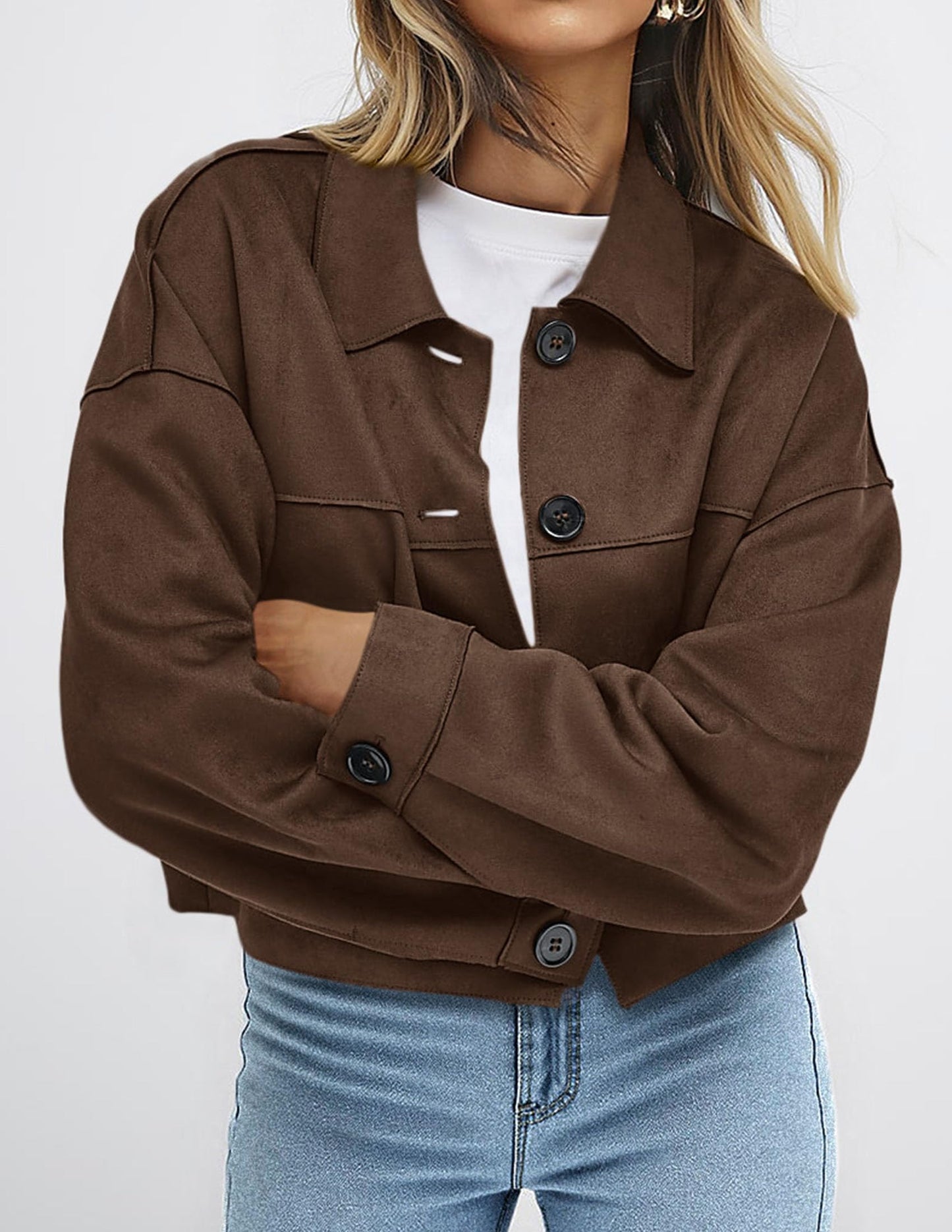 PRETTYGARDEN Women's Faux Suede Cropped Jacket Casual Lightweight Fall Fashion 2026 Winter Coats Outerwear Trendy Clothes (Dark Brown,Medium)