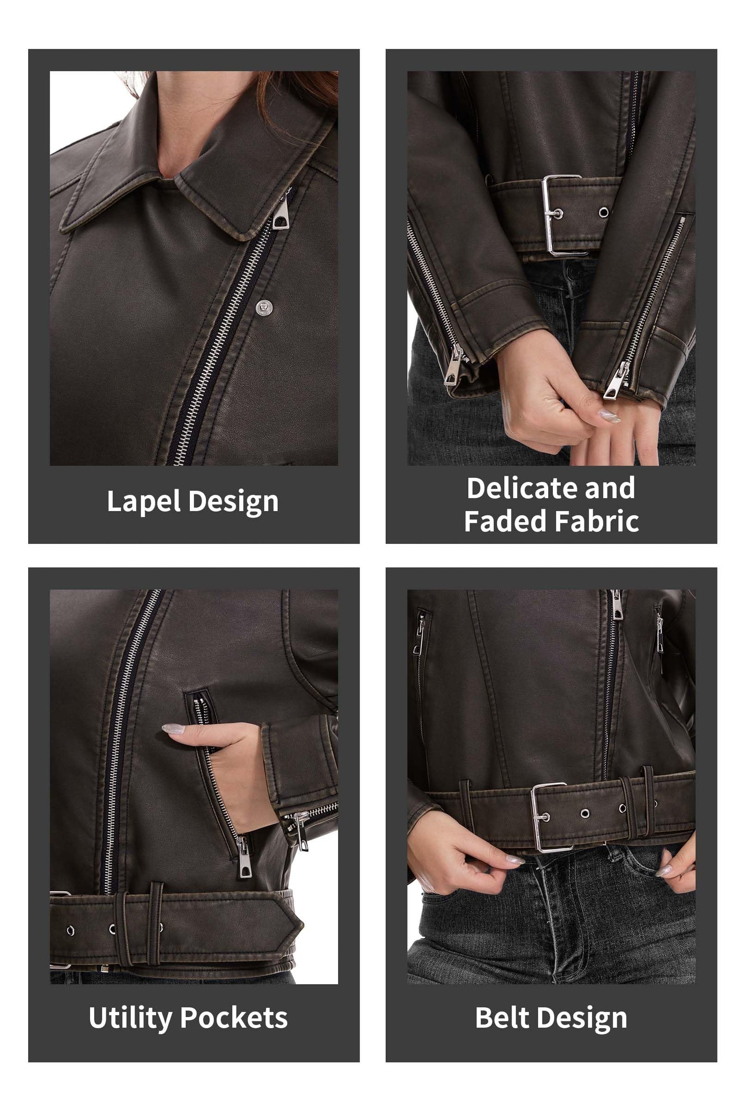 Fahsyee Leather Jacket for Women, Faux Motorcycle Belted Plus Size Moto Biker Coat Short Lightweight Vegan Pleather Fashion, Black, M