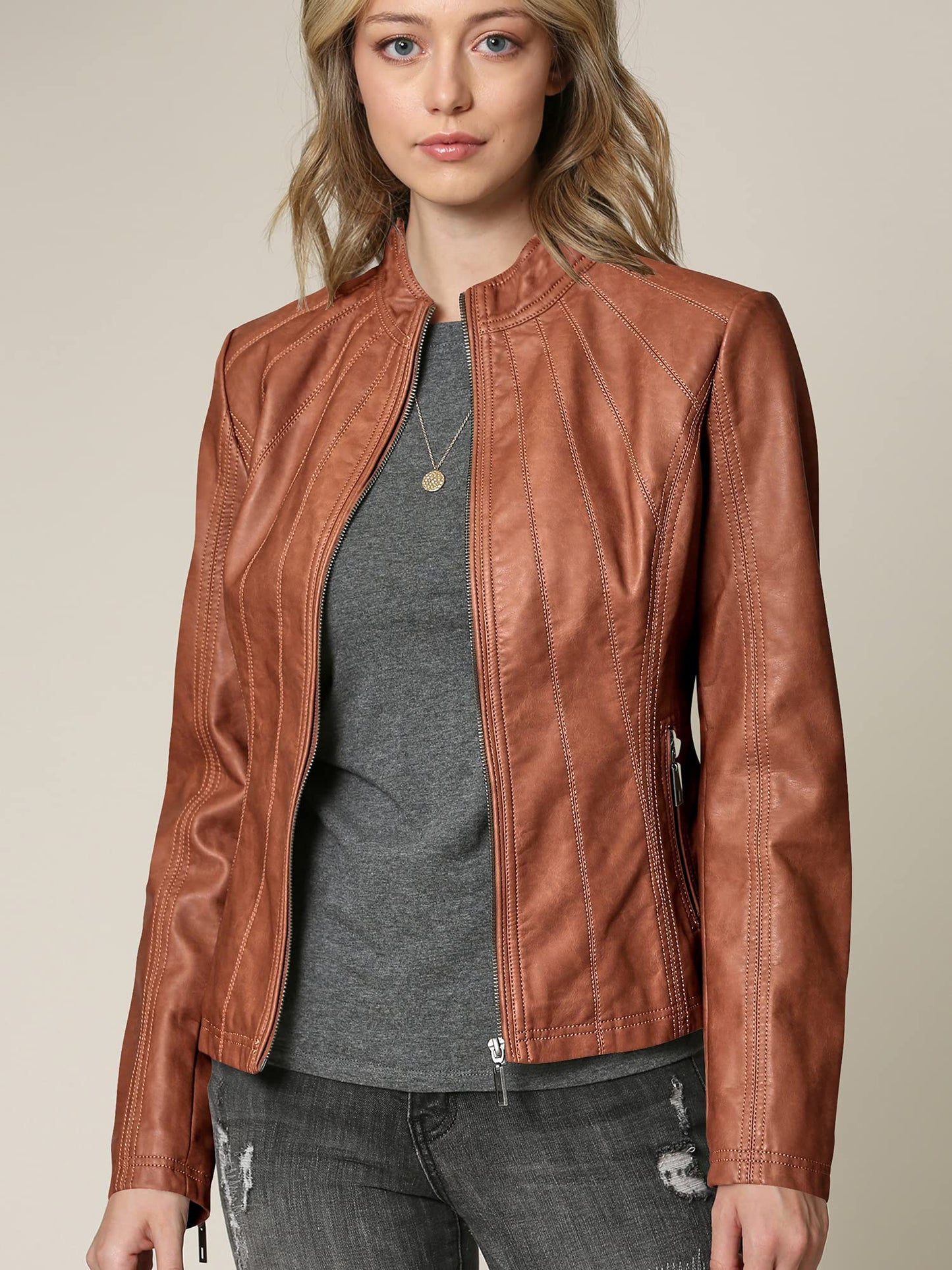 Made by Johnny MBJ WJC877 Womens Panelled Faux Leather Moto Jacket M Camel