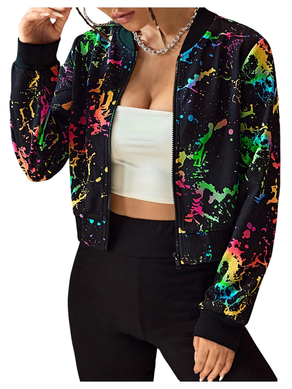 SweatyRocks Women's Splatter Print Zip Up Bomber Jackets Crop Tops