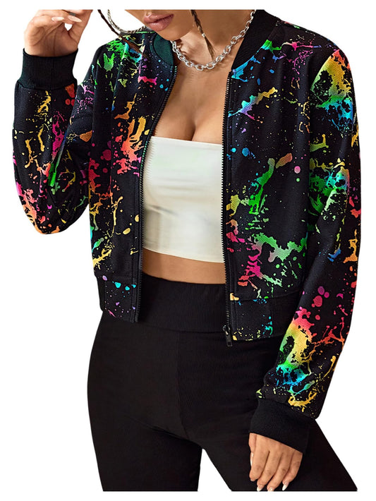 SweatyRocks Women's Splatter Print Zip Up Bomber Jackets Crop Tops