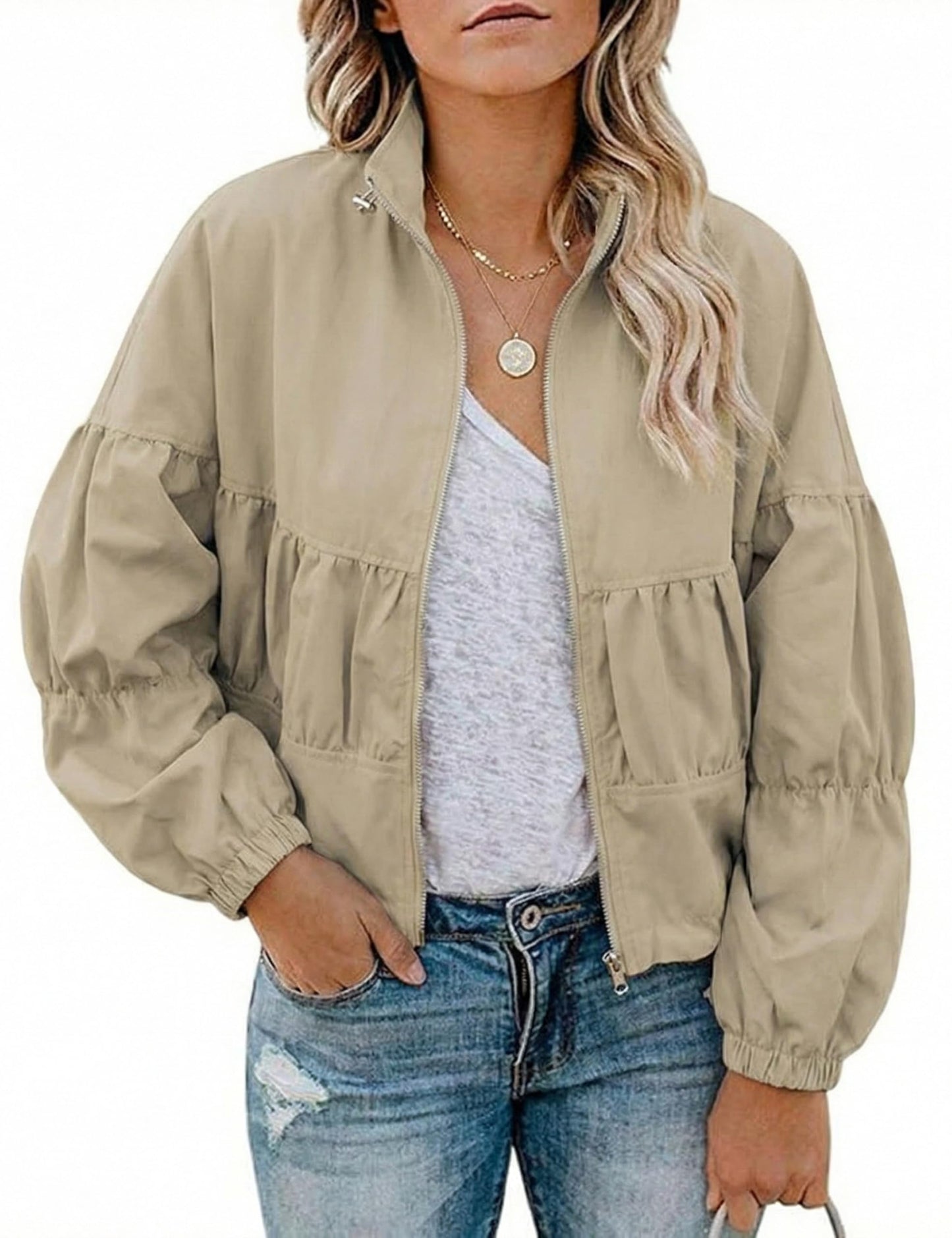 Watashi Women Cropped Bomber Jacket Casual Lightweight Spring Fall Lapel Coat Balloon Long Sleeve Streetwear Outerwear (Khaki-M)