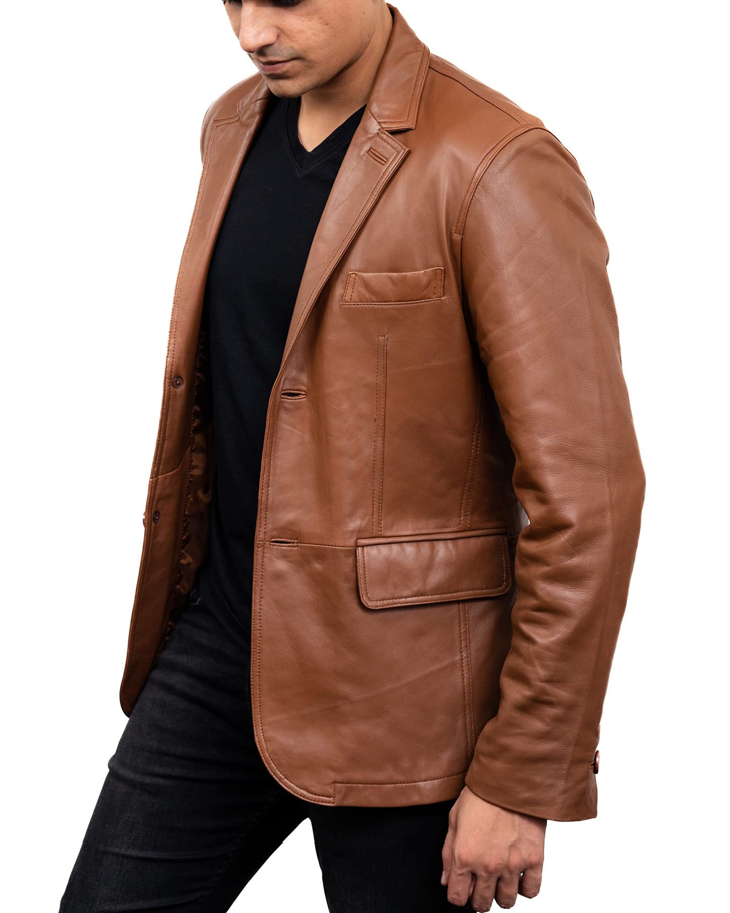 Jild Lambskin Leather Jacket Men Casual Coat – Notched Collar Classic Bond’s Style Ultimate Leather Blazer for Men (NC-Cog-M)